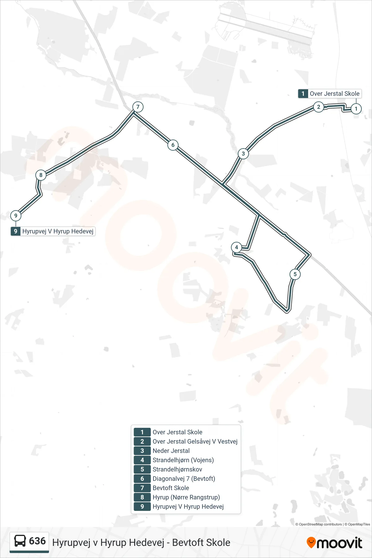 636 bus Linje (Hyrupvej V Hyrup Hedevej) rute og stop på et kort