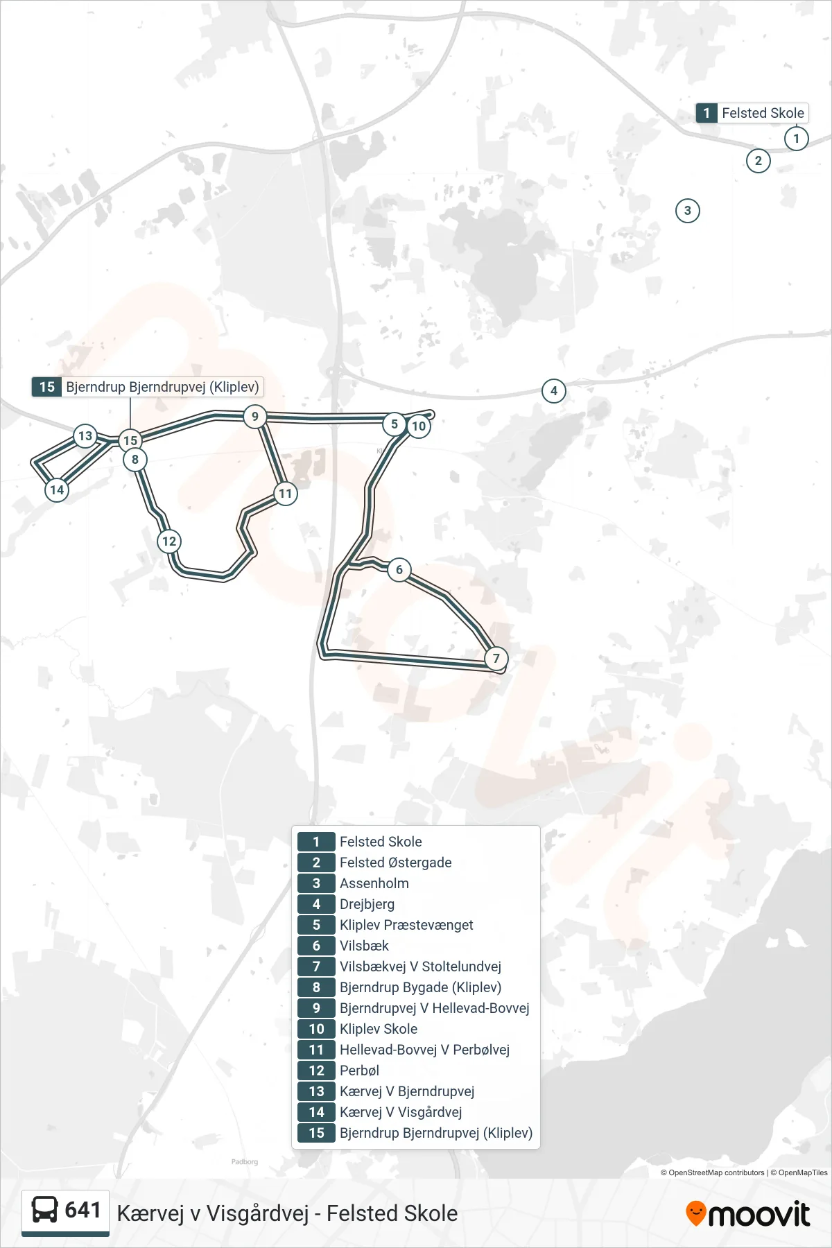 641 bus Line (Kliplev Skole) route and stops on a map