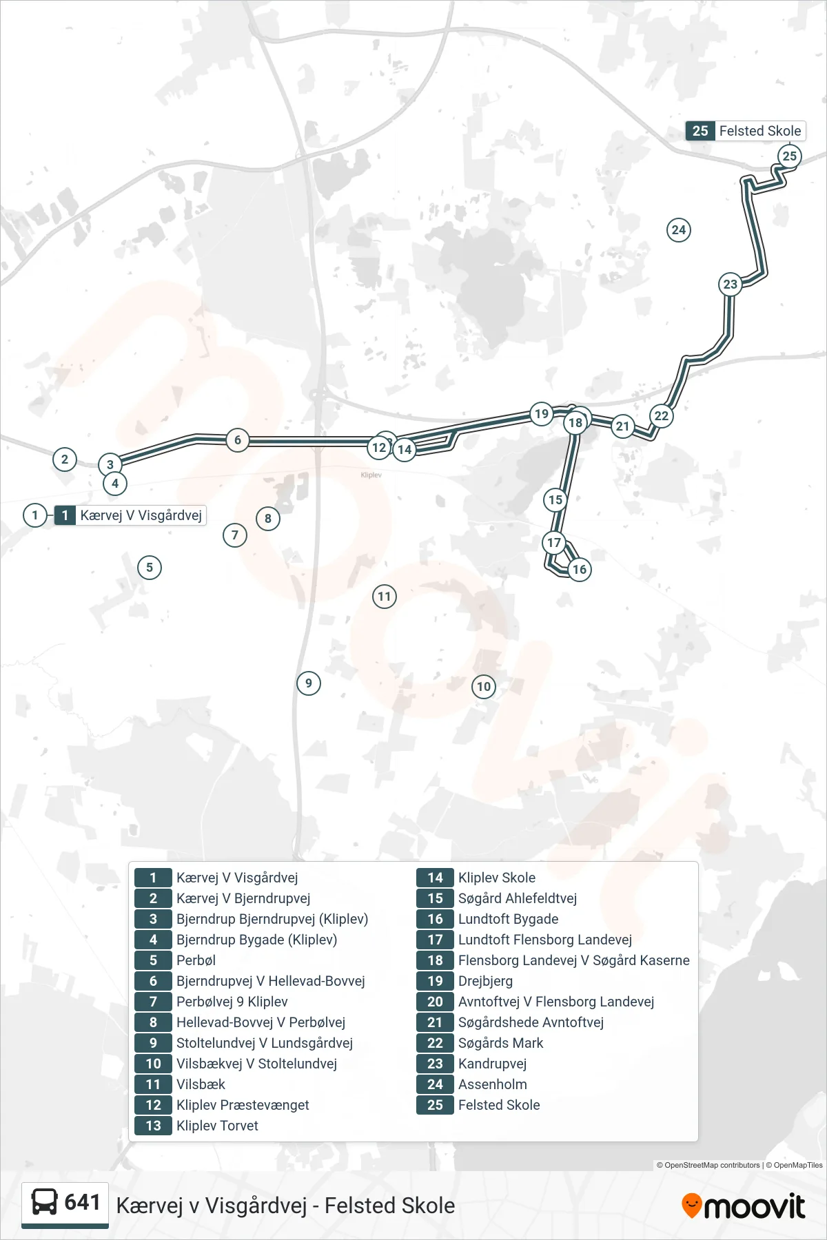 641 bus Linje (Felsted Skole) rute og stop på et kort