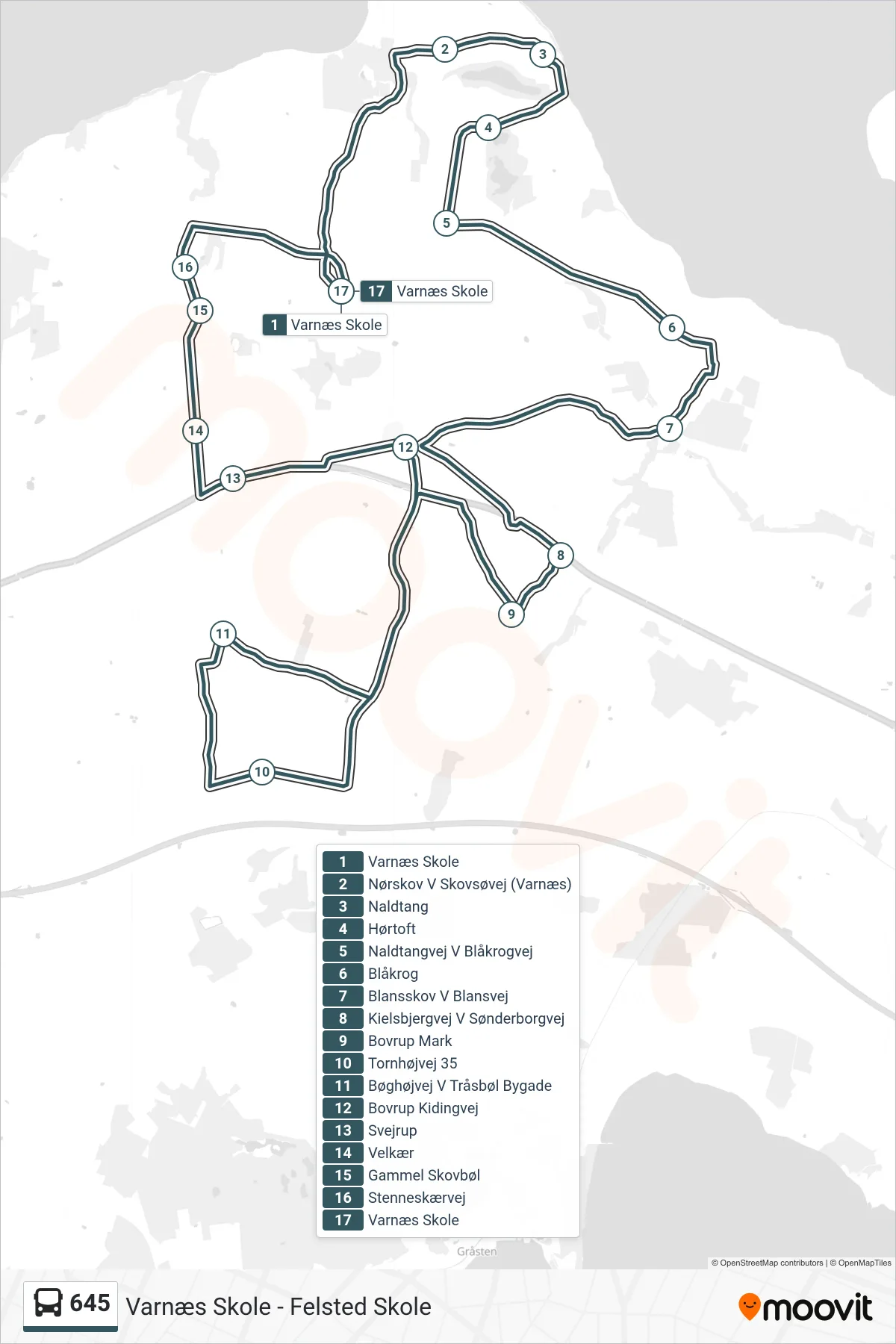 645 bus Linje (Varnæs Skole) rute og stop på et kort