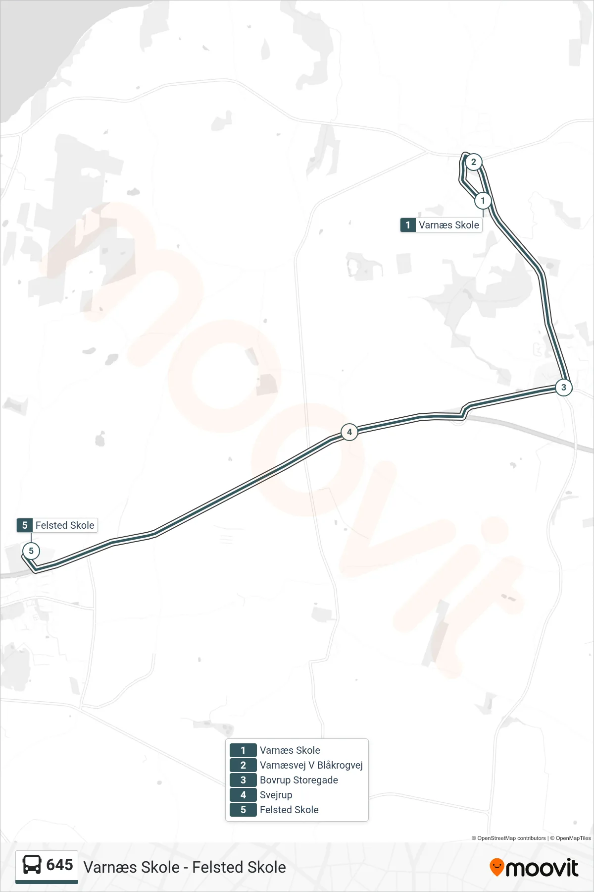 645 bus Linje (Felsted Skole) rute og stop på et kort