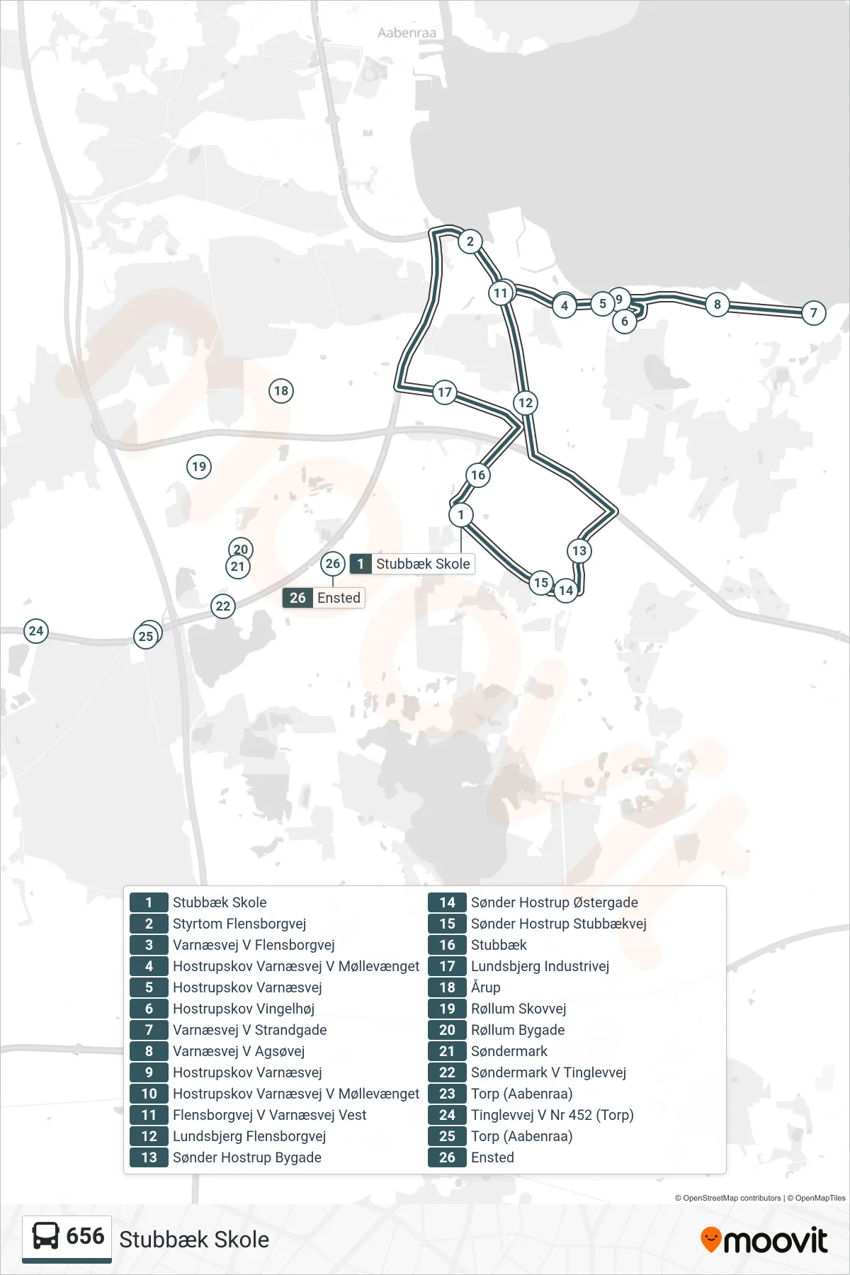 656 bus Linje (Stubbæk Skole) rute og stop på et kort