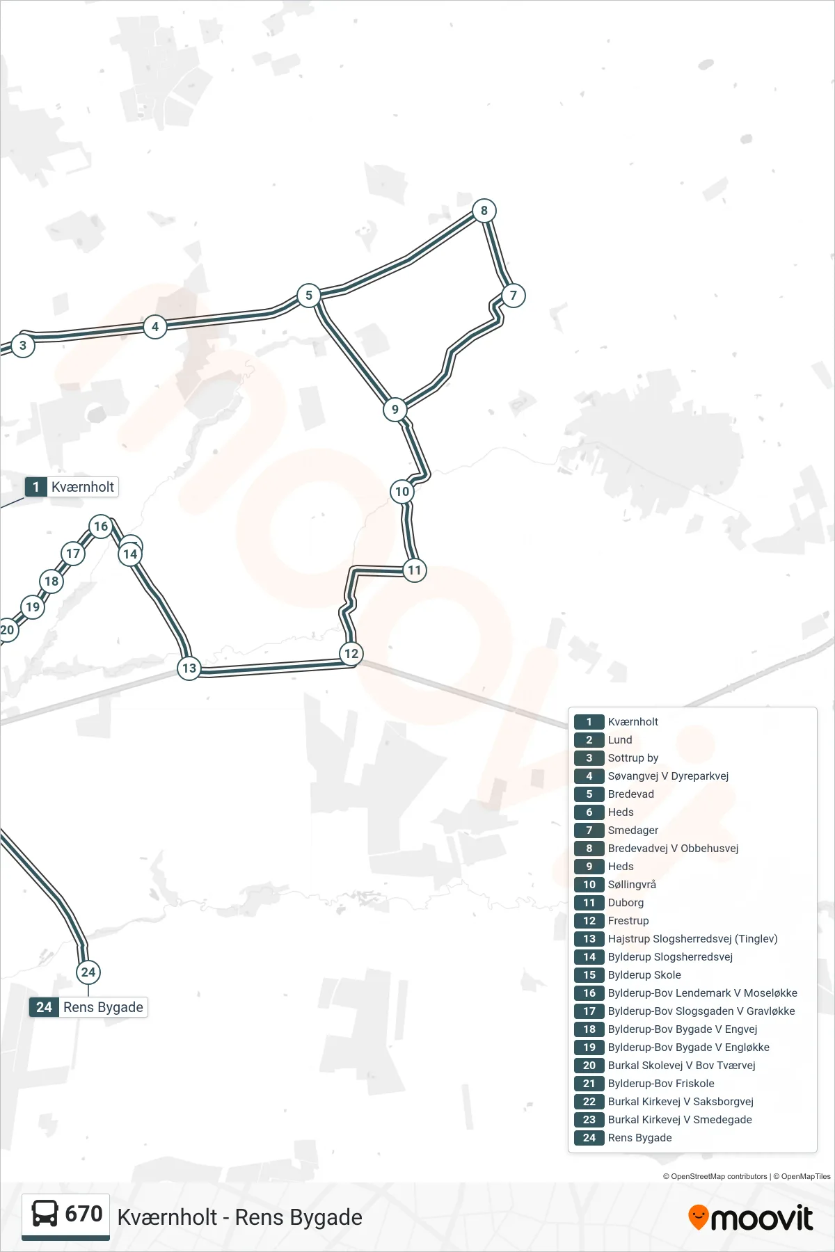 670 bus Linje (Rens Bygade) rute og stop på et kort