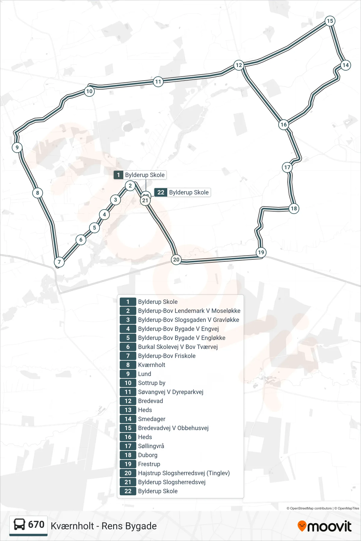670 bus Linje (Bylderup Skole) rute og stop på et kort