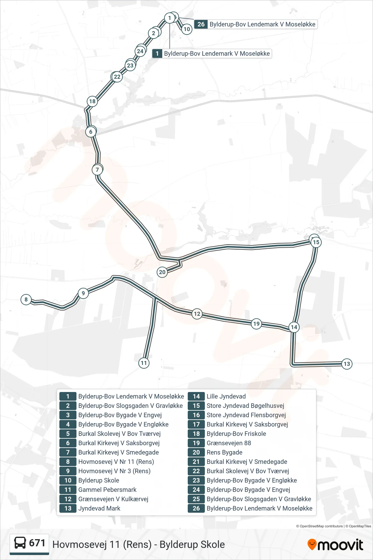 671 bus Linje (Bylderup Skole) rute og stop på et kort