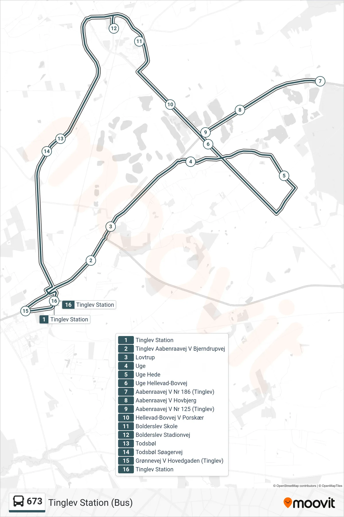 673 bus Linje (Tinglev Station (Bus)) rute og stop på et kort