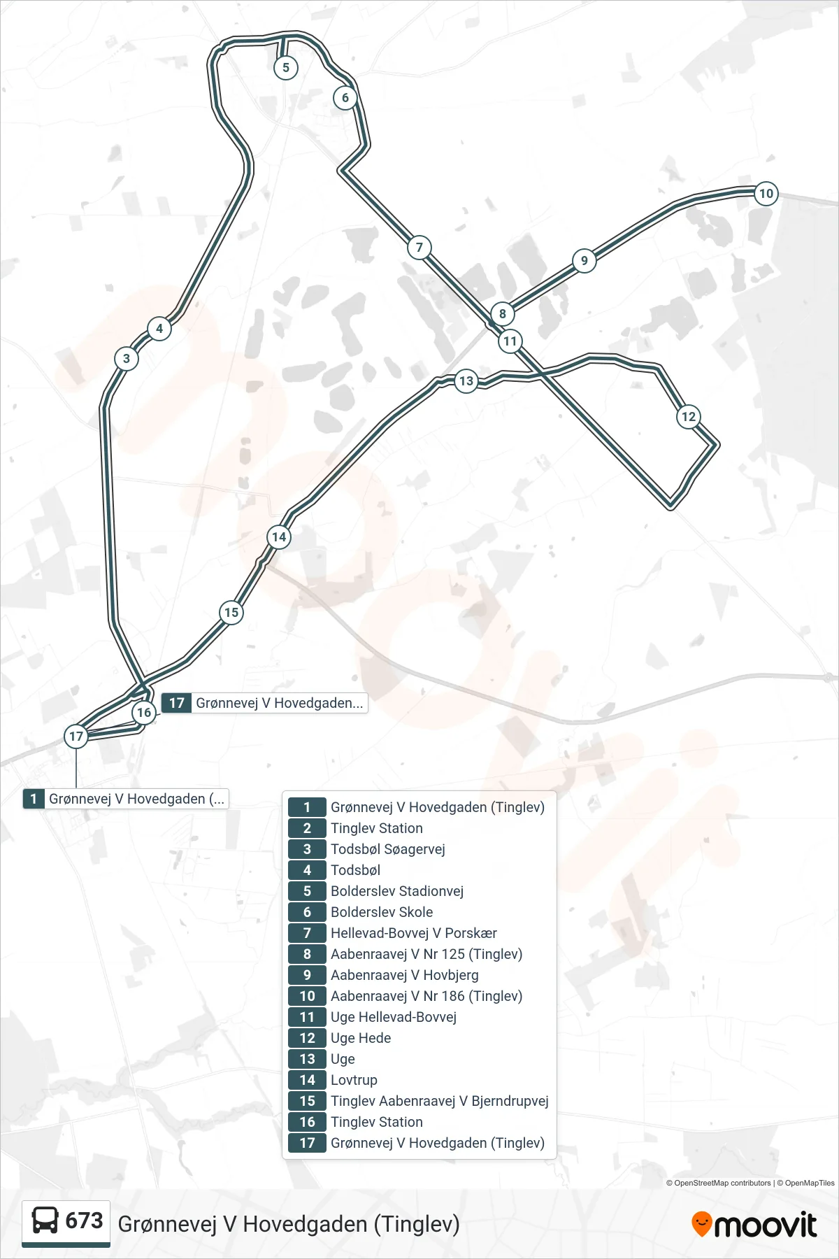 673 bus Linje (Grønnevej V Hovedgaden (Tinglev)) rute og stop på et kort