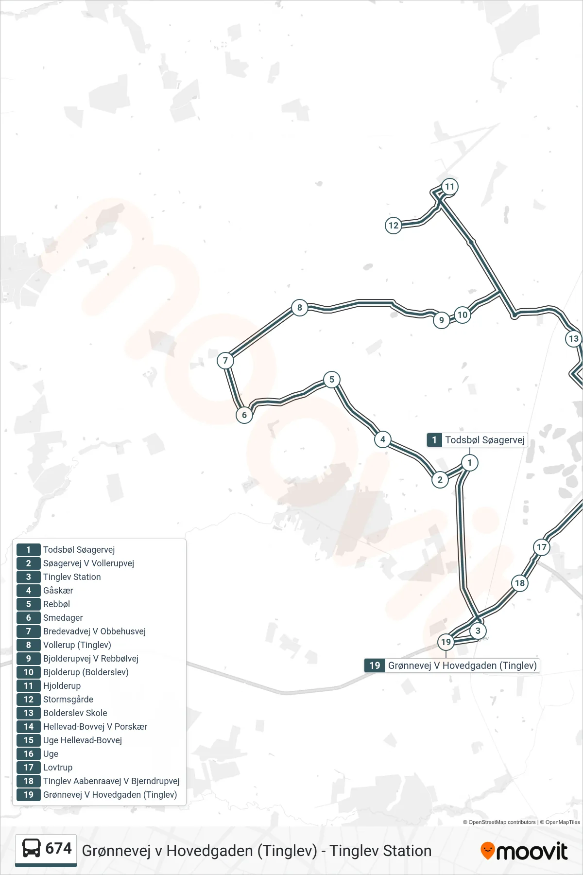 674 bus Linje (Tinglev Station (Bus)) rute og stop på et kort