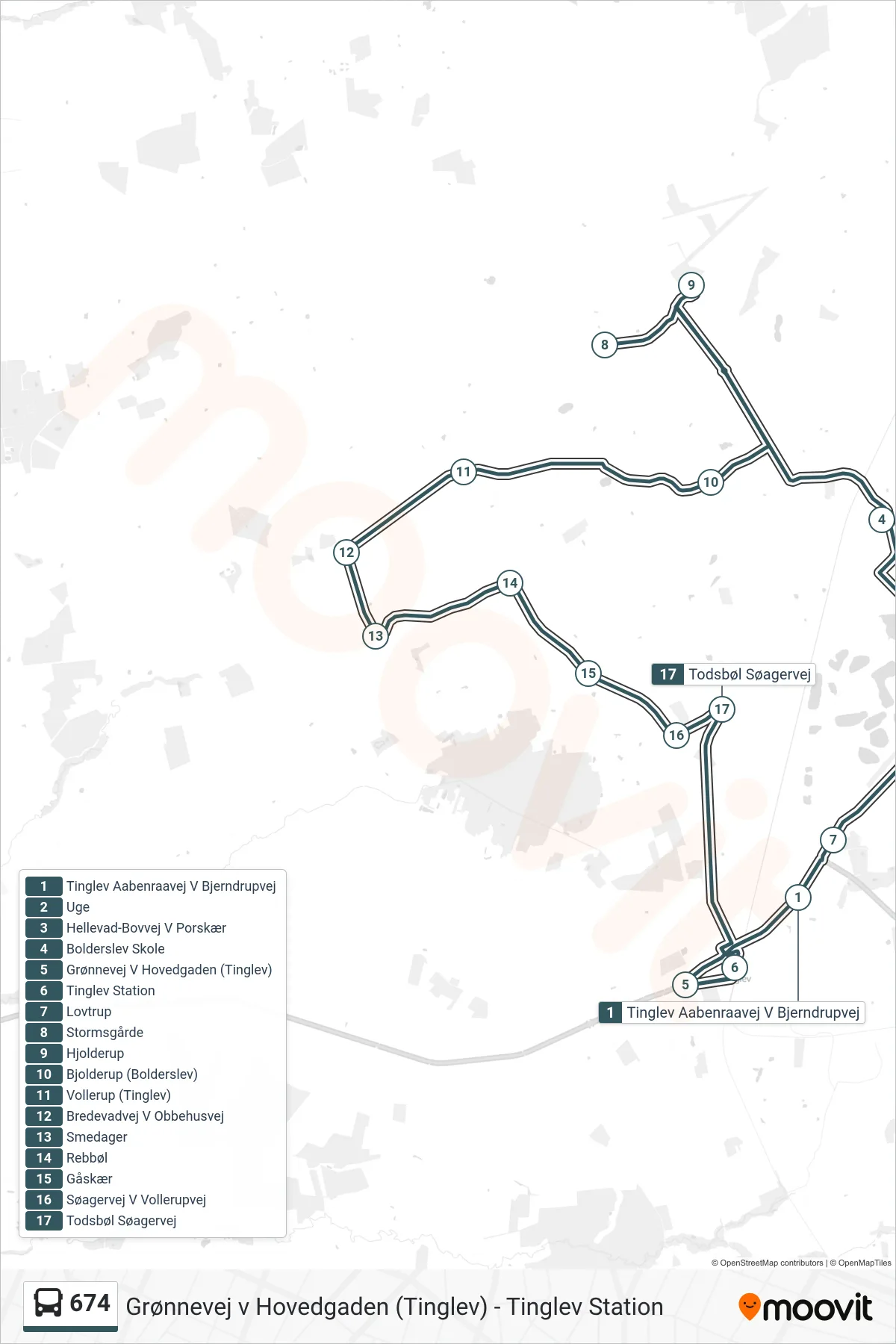 674 bus Linje (Tinglev Station (Bus)) rute og stop på et kort