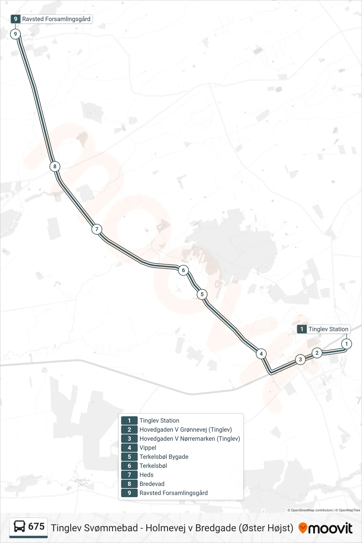 675 bus Linje (Ravsted Forsamlingsgård) rute og stop på et kort