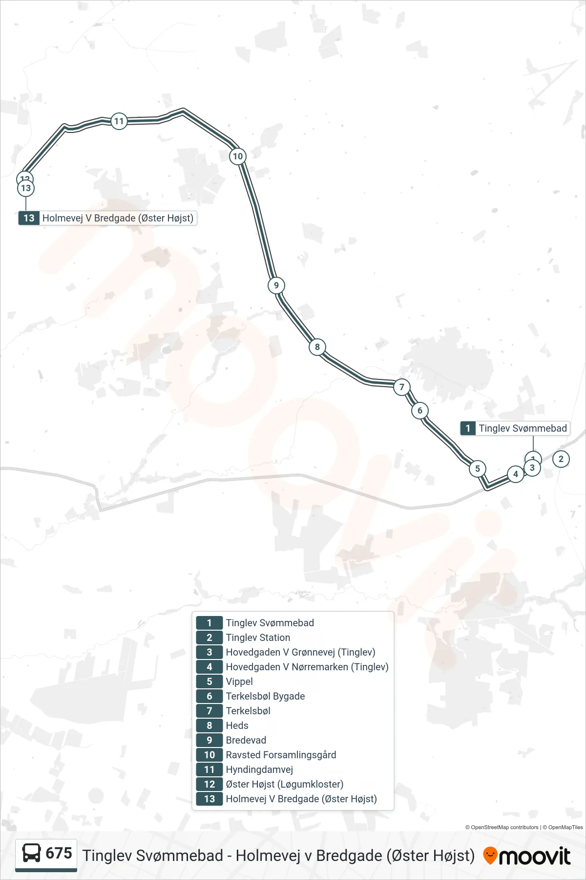 675 bus Linje (Holmevej V Bredgade (Øster Højst)) rute og stop på et kort