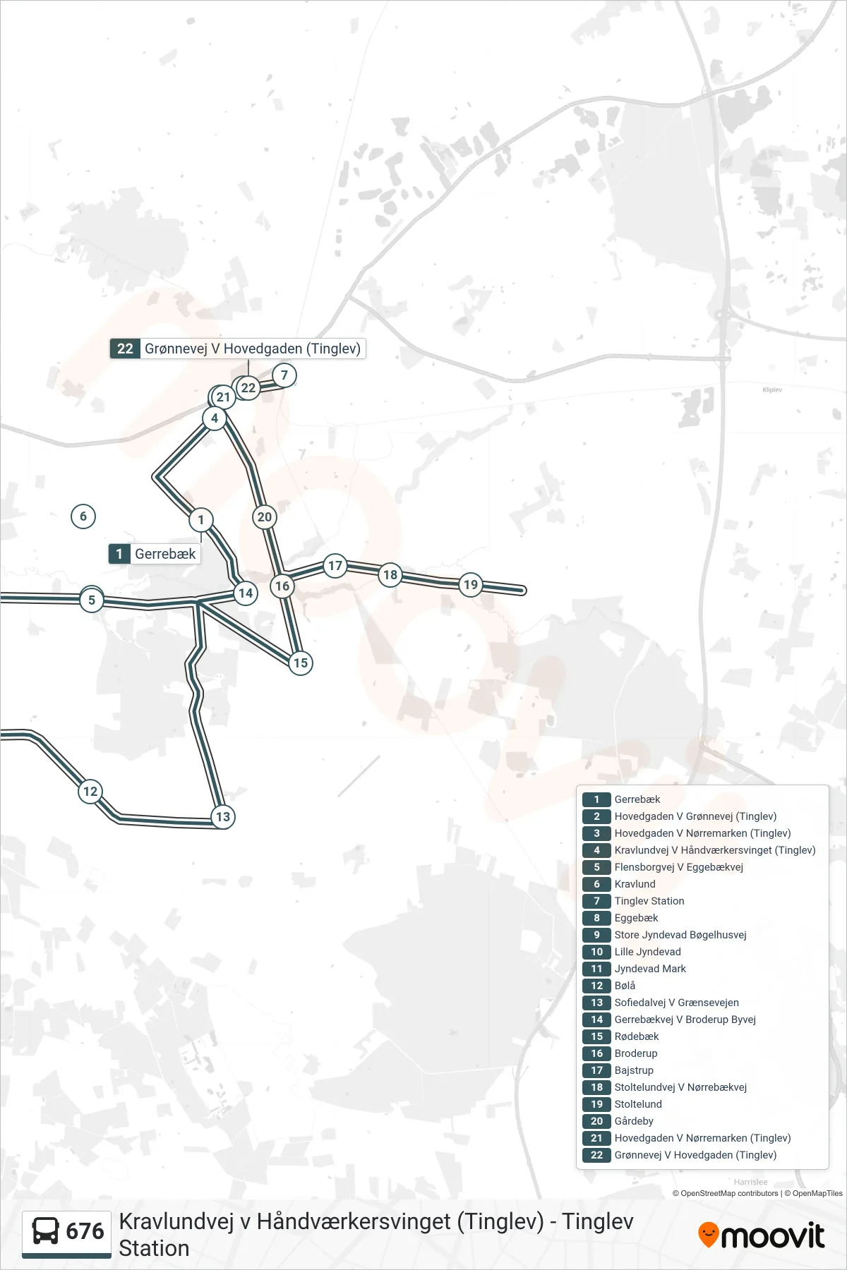676 bus Linje (Tinglev Station (Bus)) rute og stop på et kort