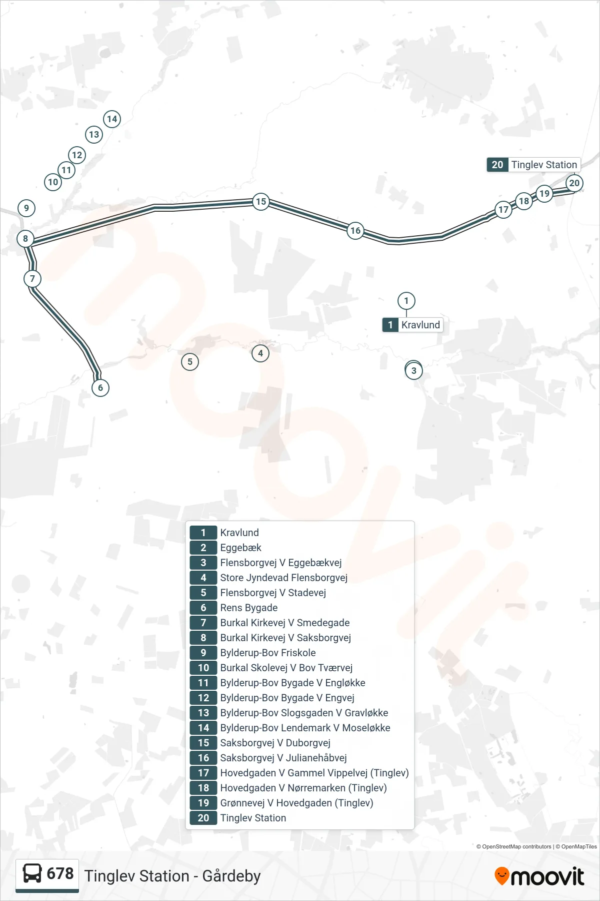 678 bus Linje (Tinglev Station (Bus)) rute og stop på et kort