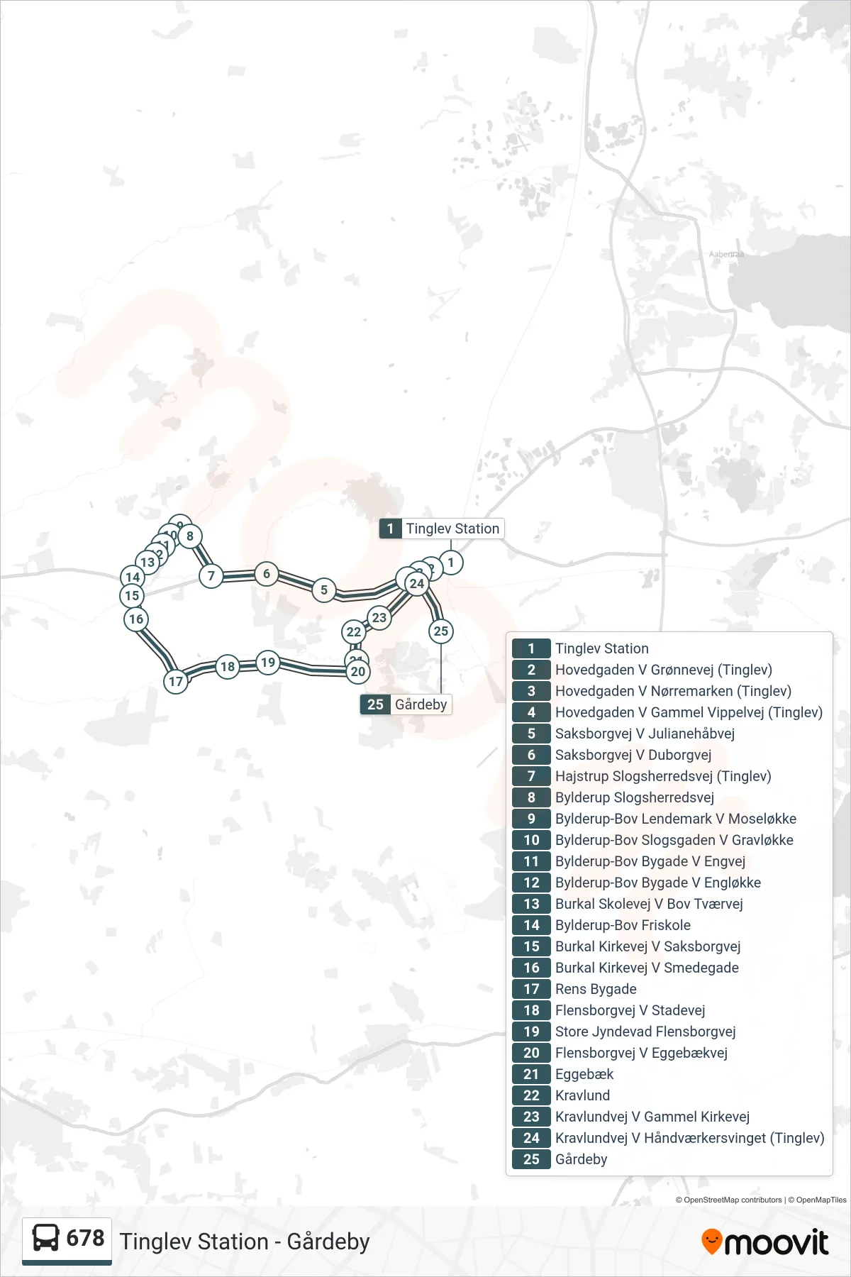 678 bus Linje (Gårdeby) rute og stop på et kort