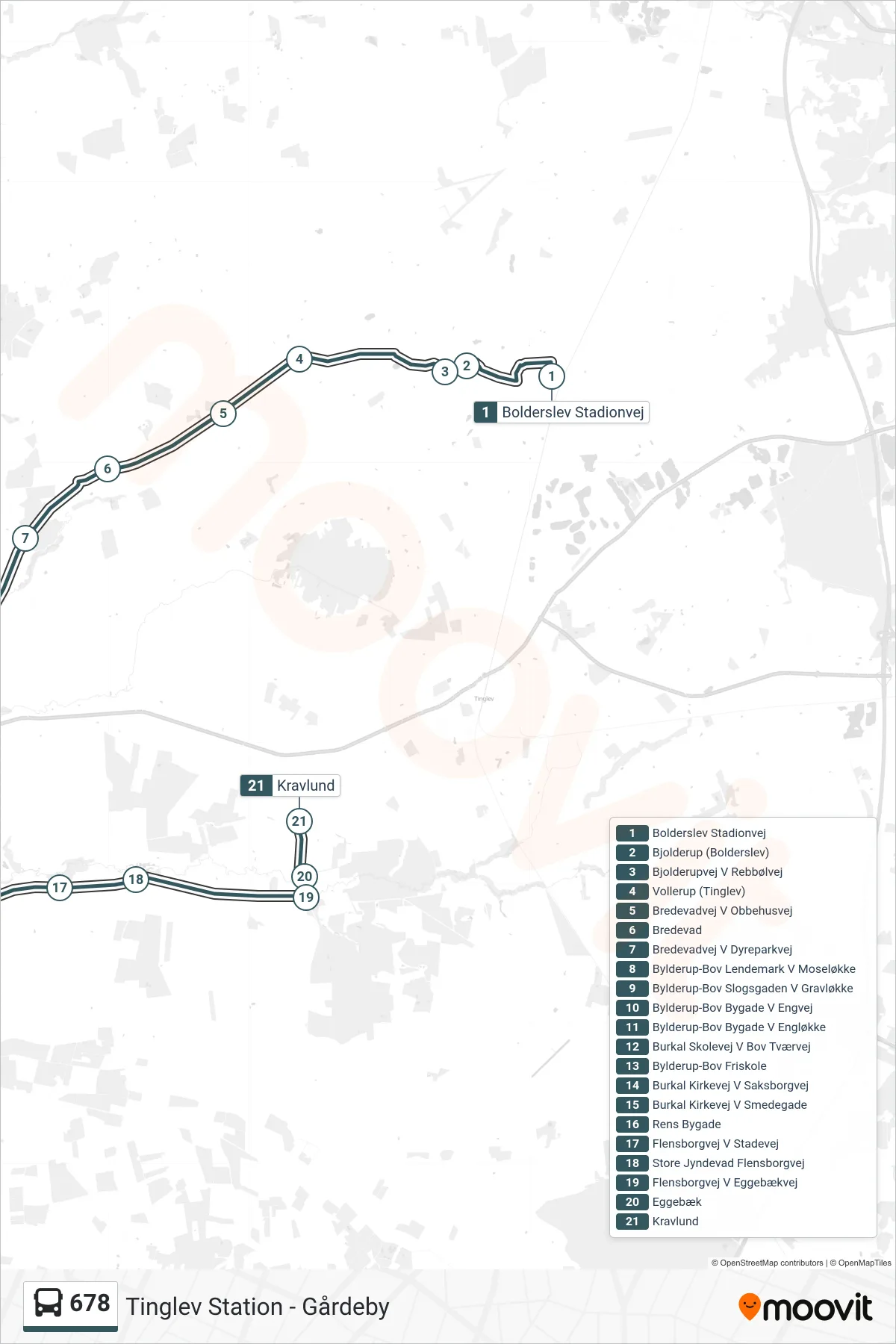 678 bus Linje (Kravlund) rute og stop på et kort