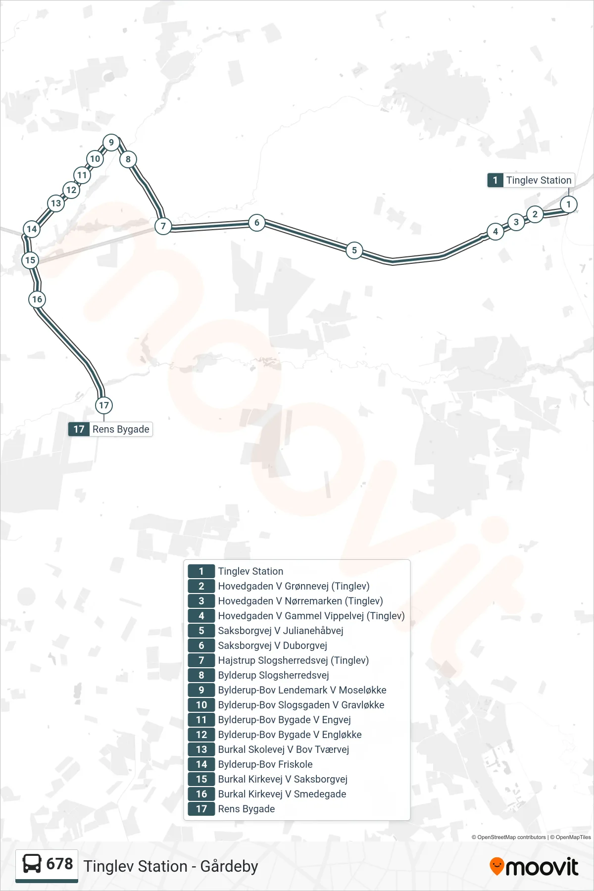 678 bus Linje (Rens Bygade) rute og stop på et kort