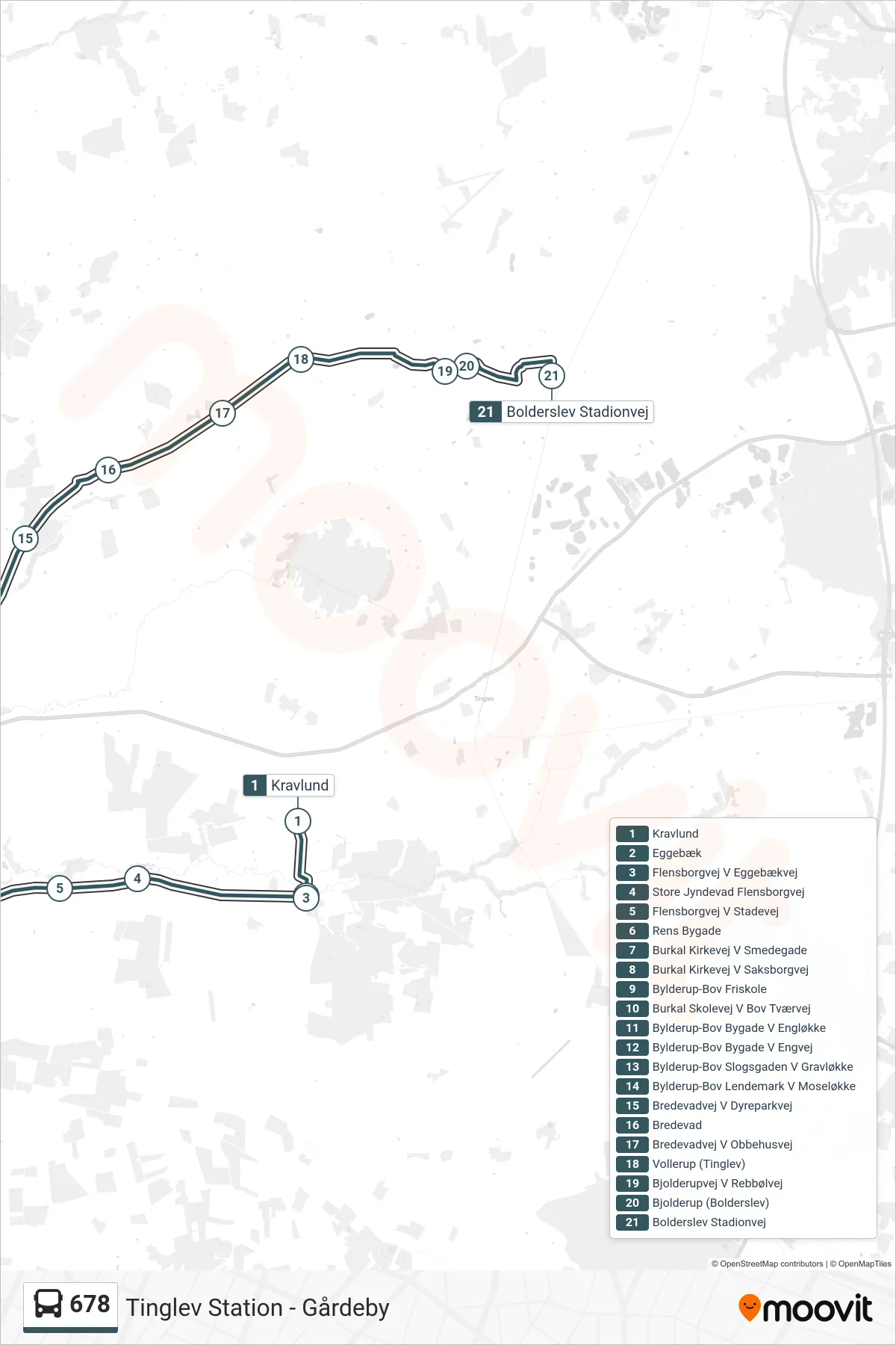 678 bus Linje (Bolderslev Stadionvej) rute og stop på et kort