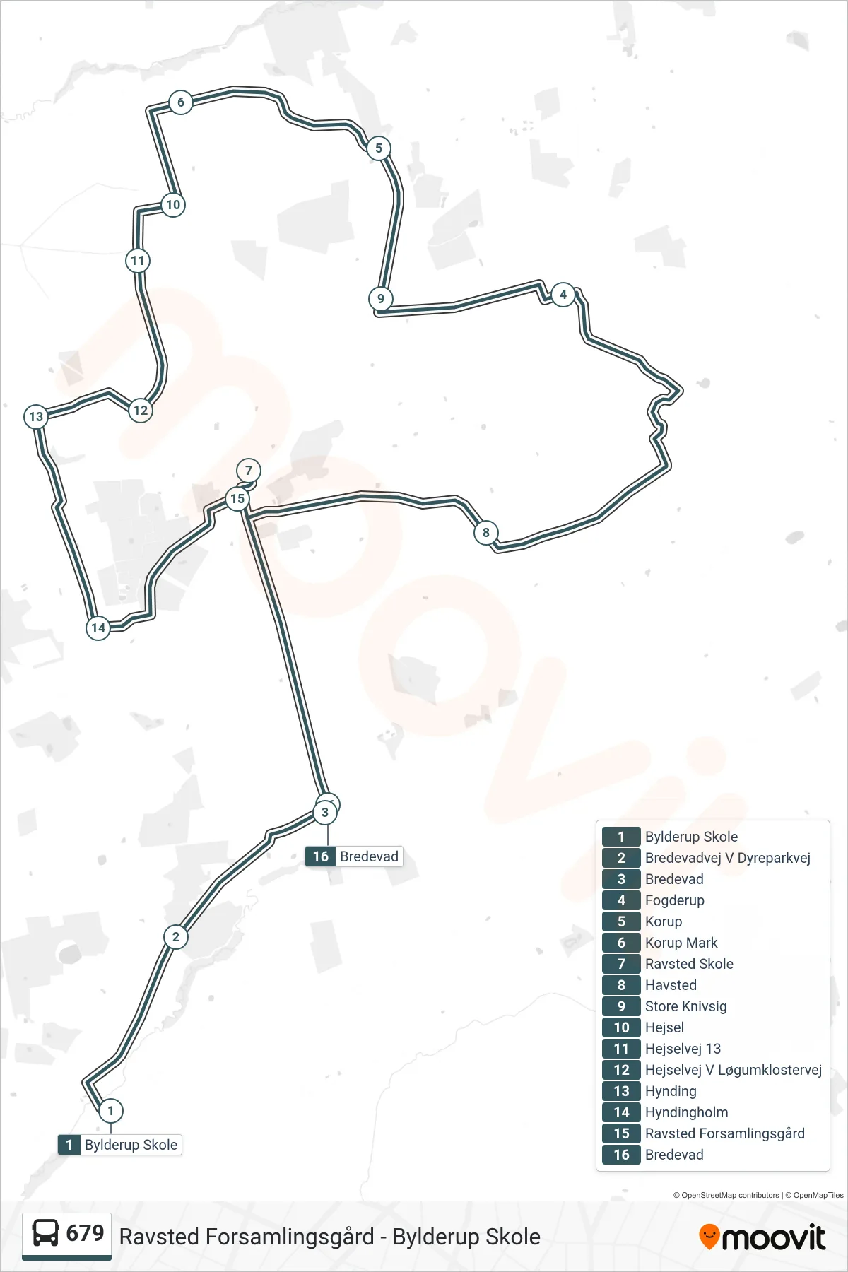 679 bus Linje (Bylderup Skole) rute og stop på et kort