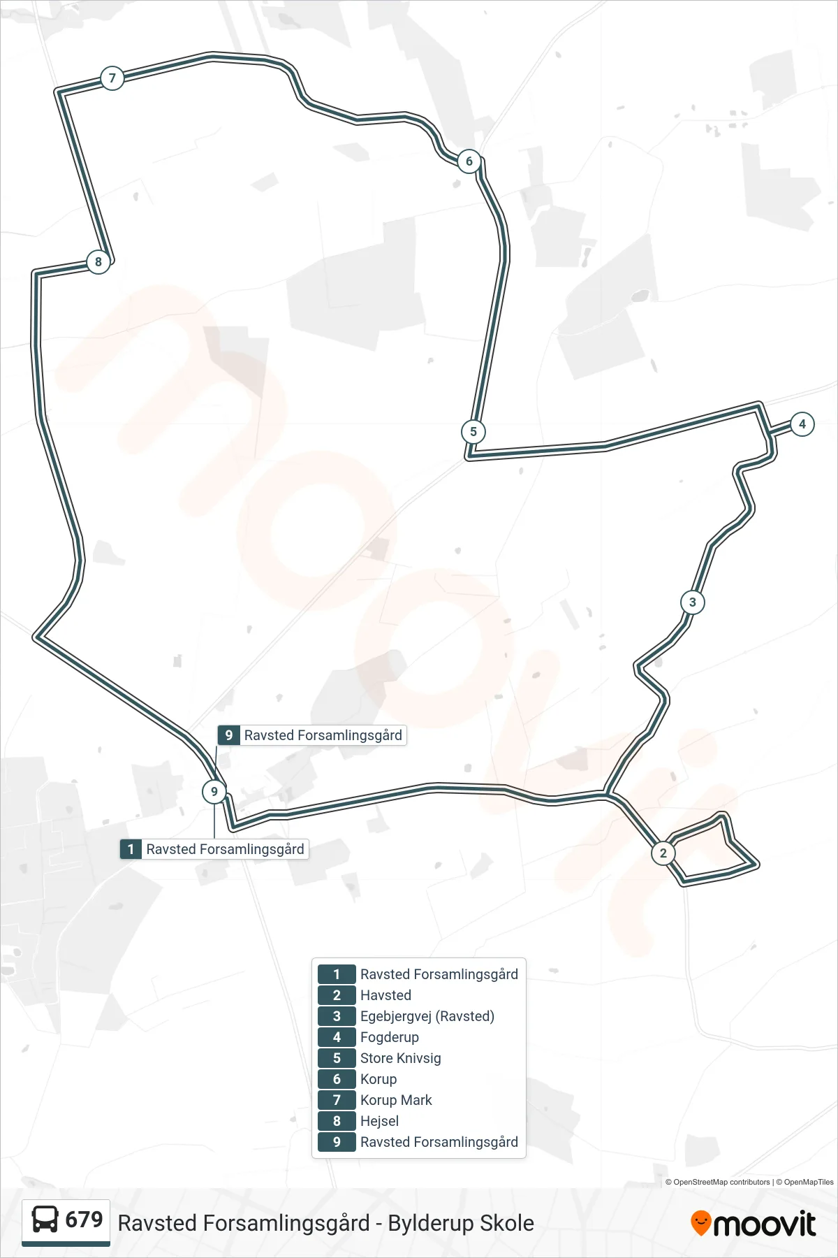 679 bus Linje (Ravsted Forsamlingsgård) rute og stop på et kort