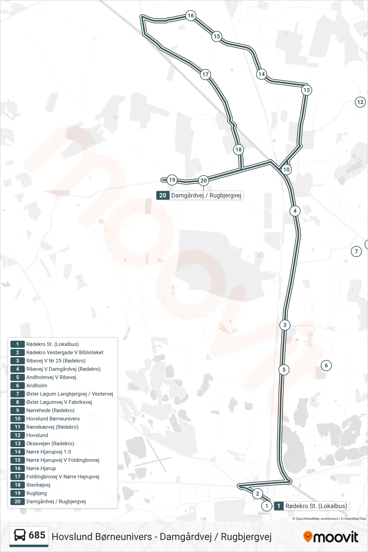 685 bus Linje (Hovslund Børneunivers) rute og stop på et kort