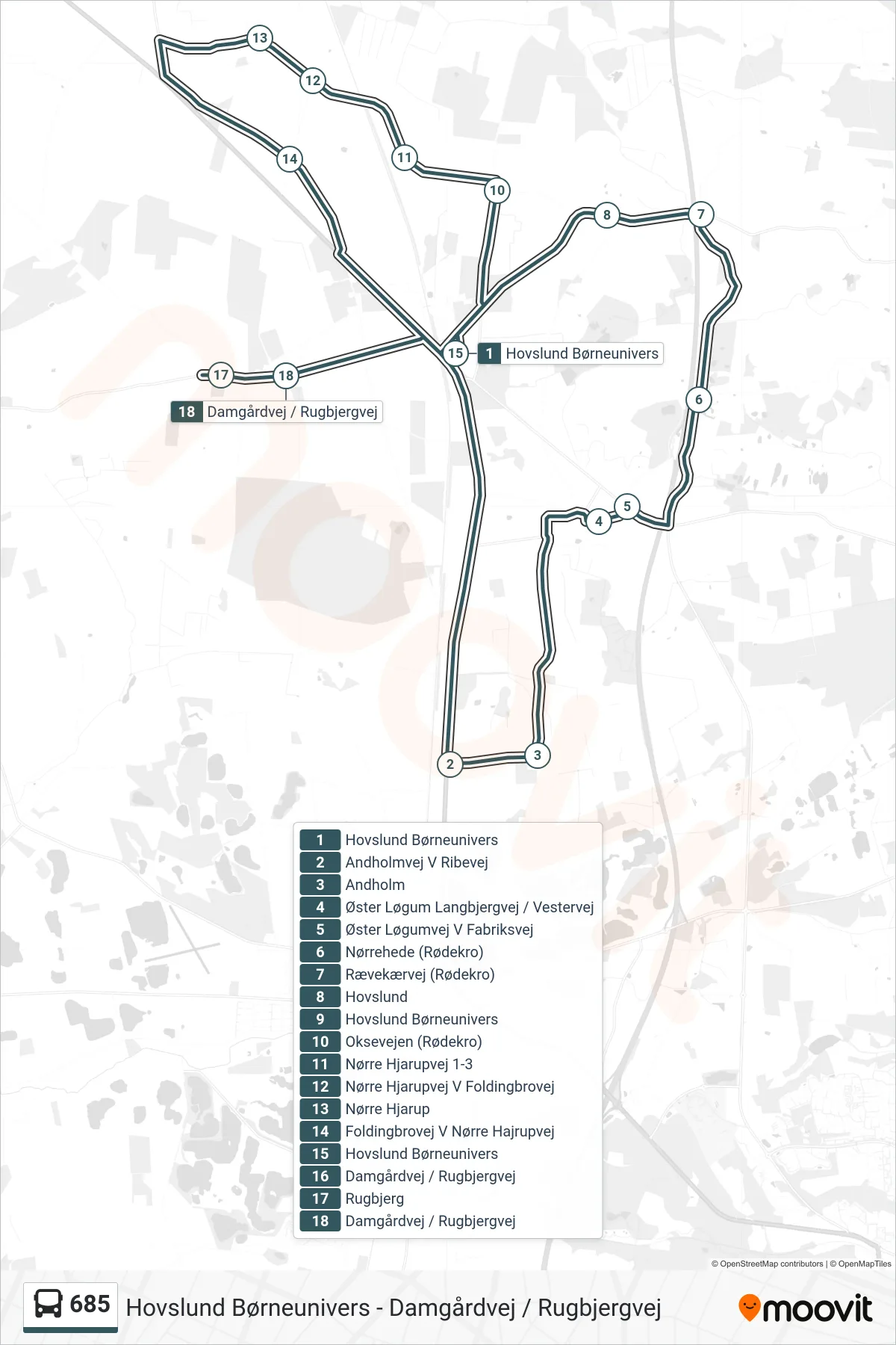 685 bus Linje (Damgårdvej / Rugbjergvej) rute og stop på et kort
