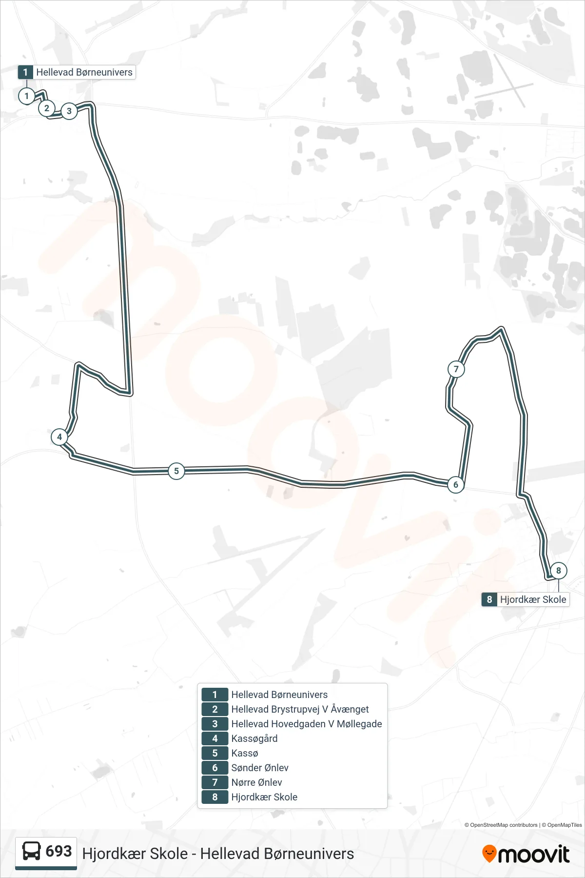 693 bus Linje (Hjordkær Skole) rute og stop på et kort