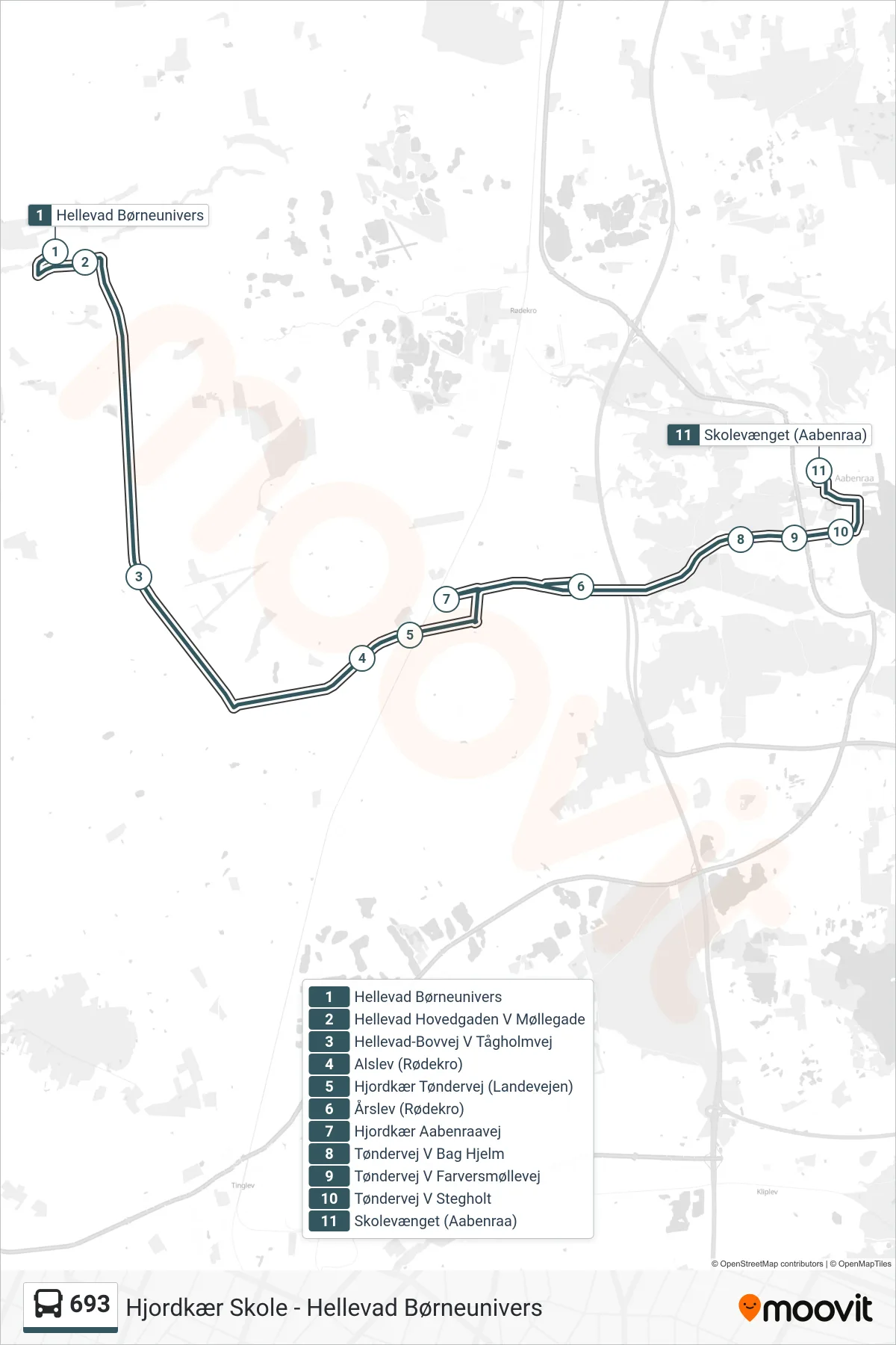 693 bus Linje (Skolevænget (Aabenraa)) rute og stop på et kort