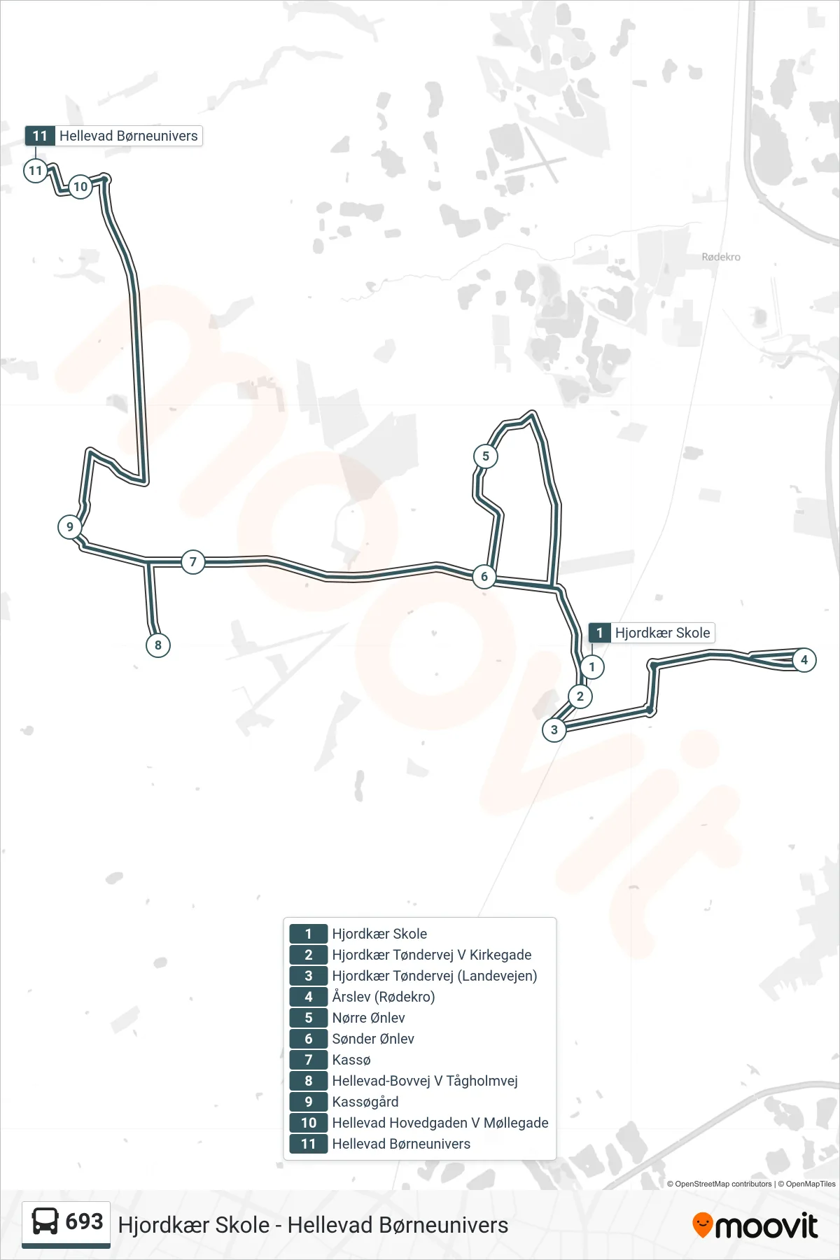 693 bus Linje (Hellevad Børneunivers) rute og stop på et kort