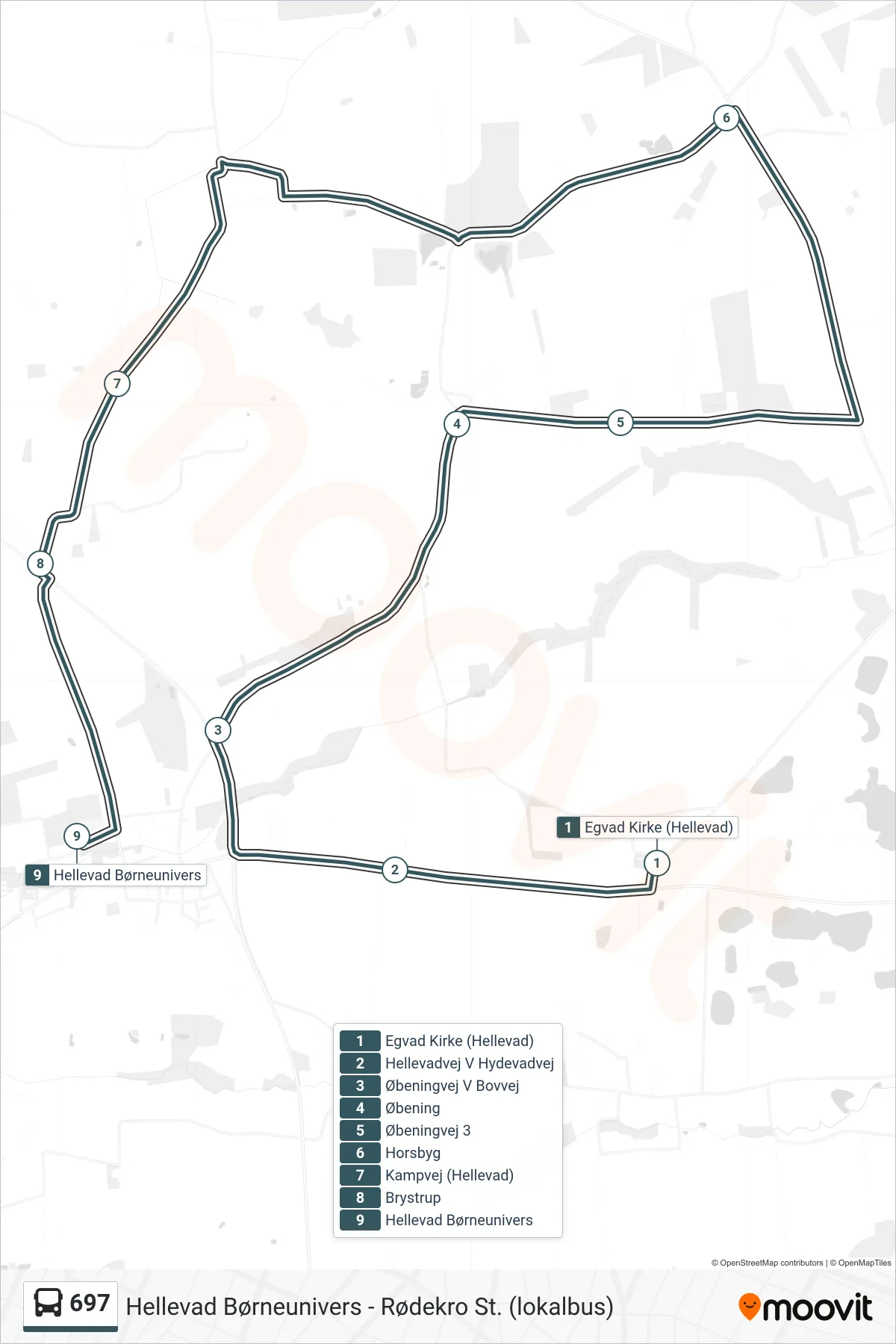 697 bus Linje (Hellevad Børneunivers) rute og stop på et kort