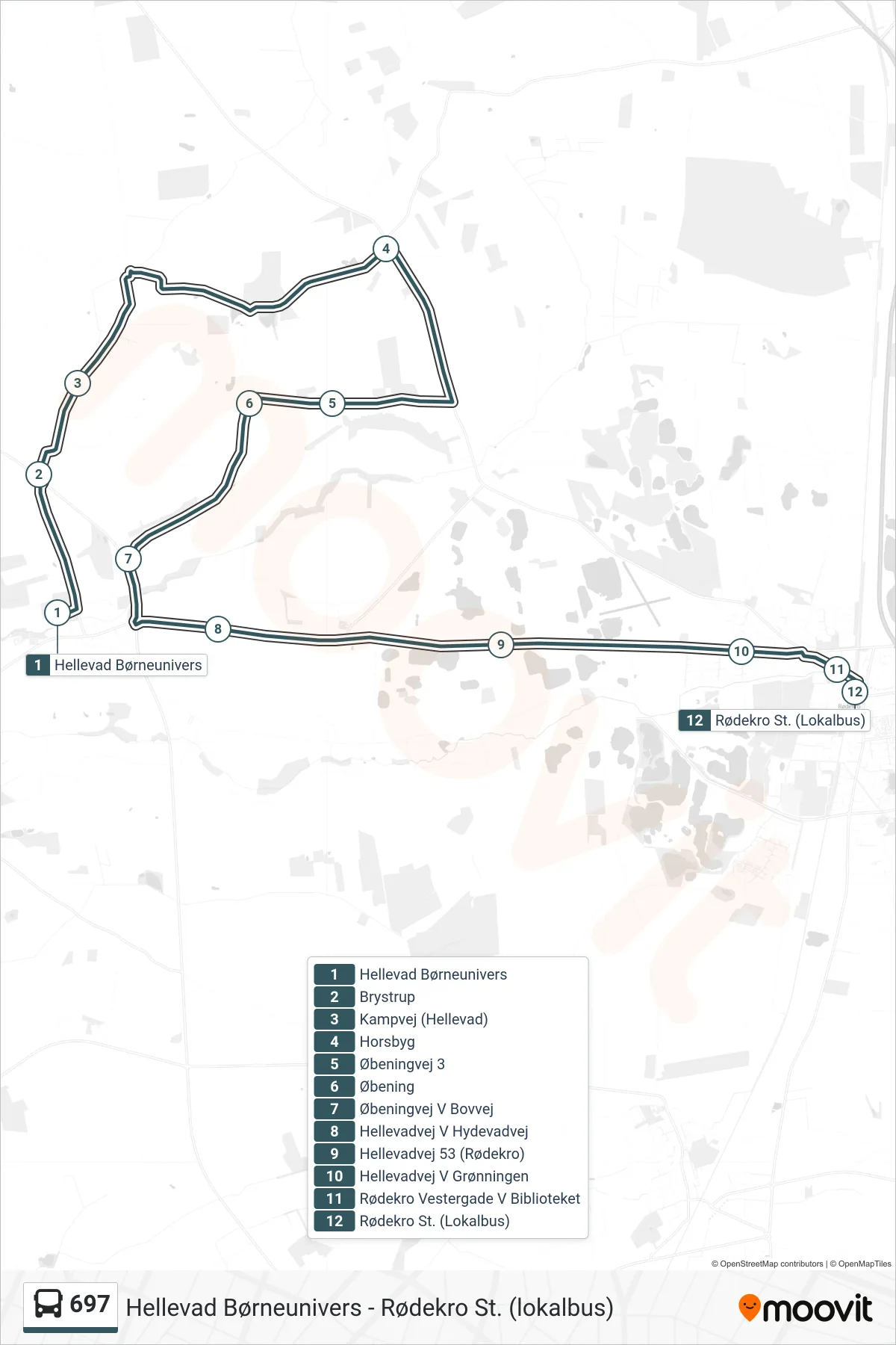 697 bus Linje (Rødekro St. (Lokalbus)) rute og stop på et kort