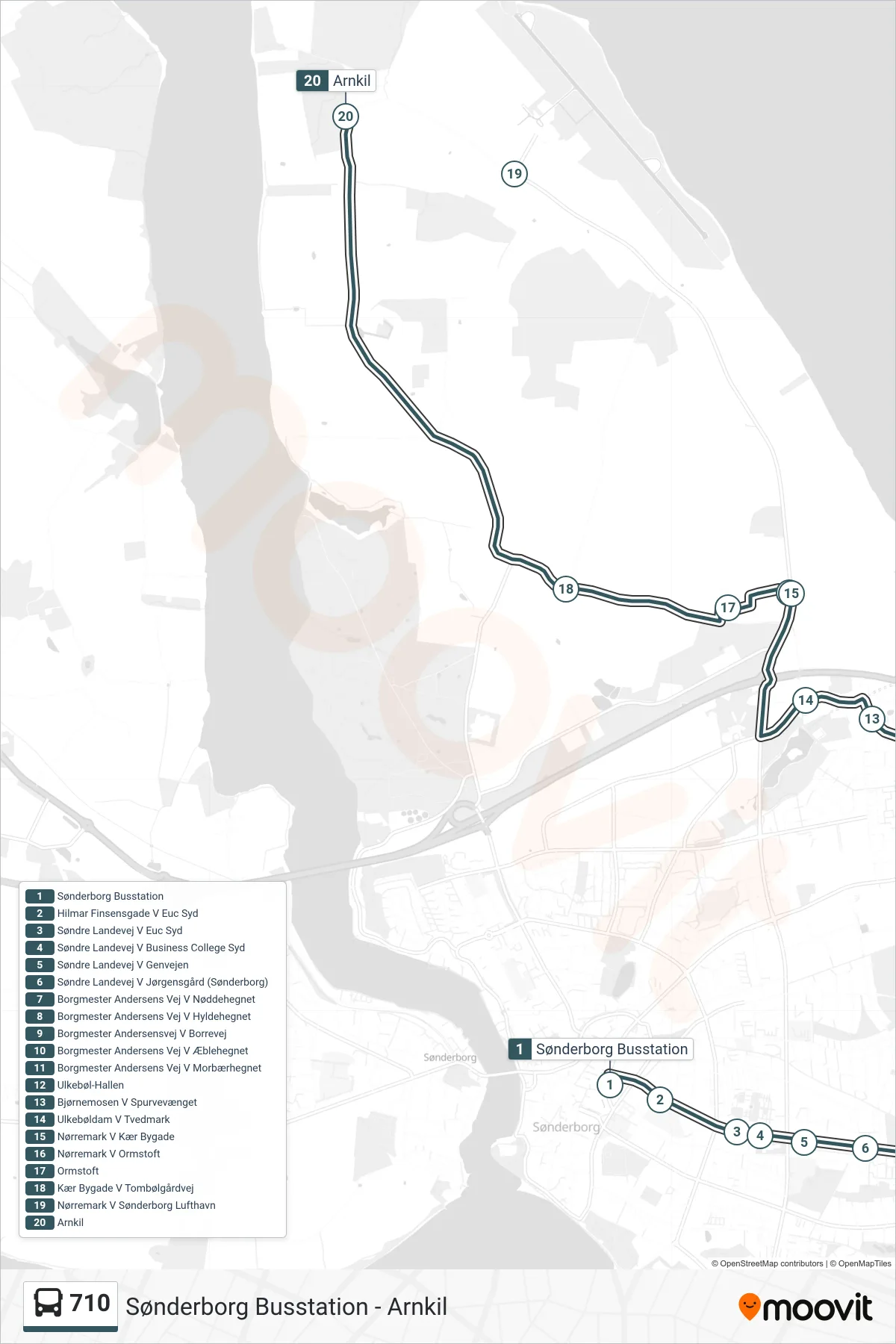 710 bus Linje (Arnkil) rute og stop på et kort