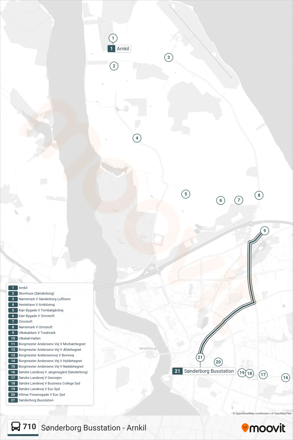 710 bus Line (Sønderborg Busstation) route and stops on a map