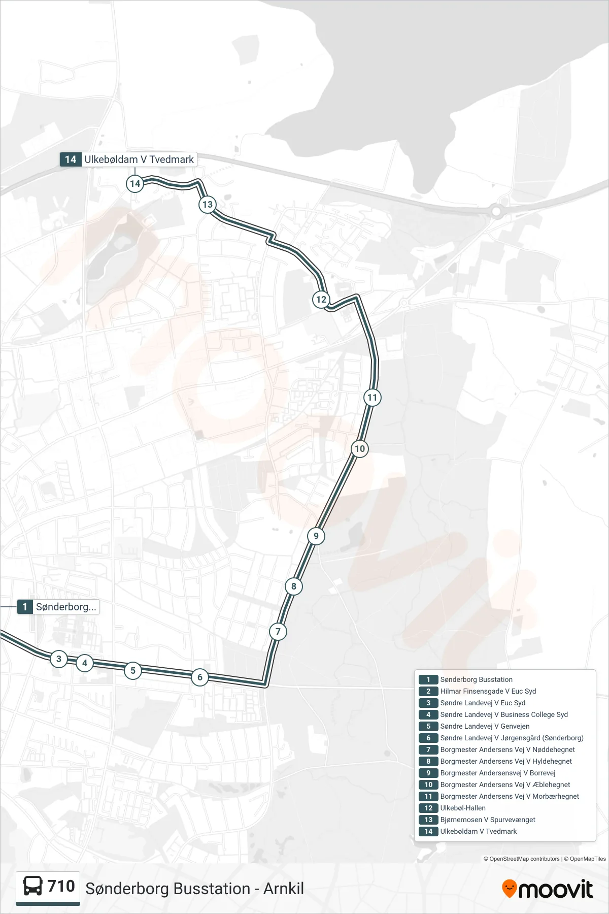 710 bus Linje (Ulkebøl) rute og stop på et kort