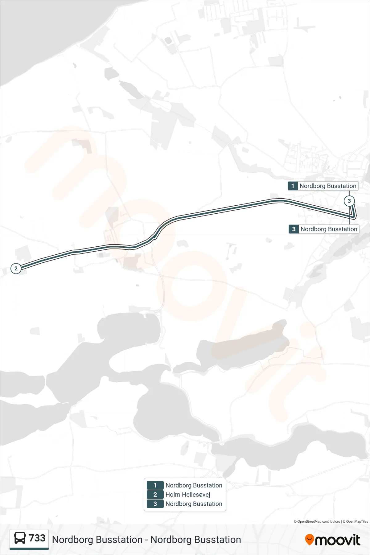 733 bus Linje (Holm) rute og stop på et kort