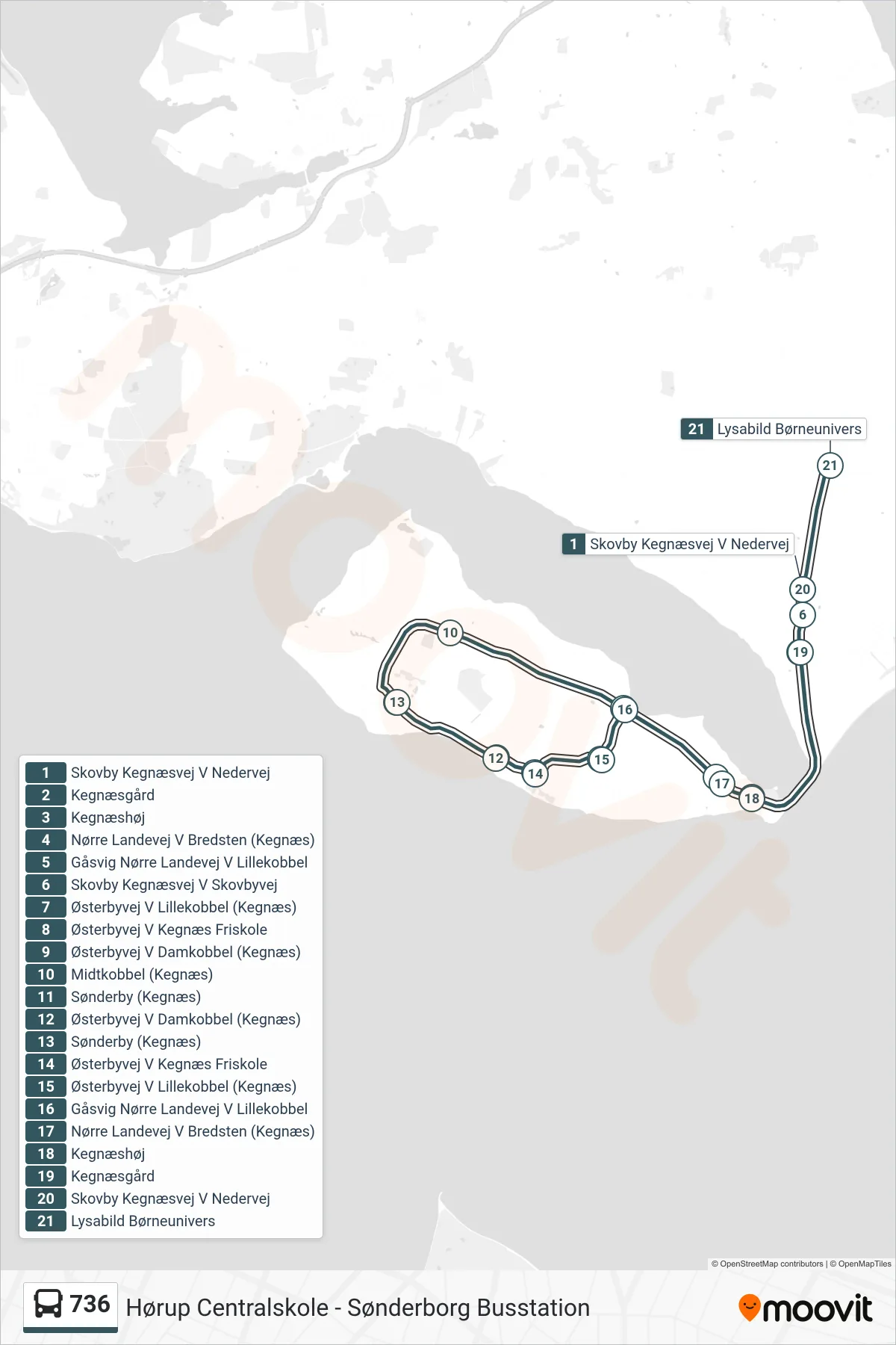 736 bus Linje (Lysabild Børneunivers) rute og stop på et kort