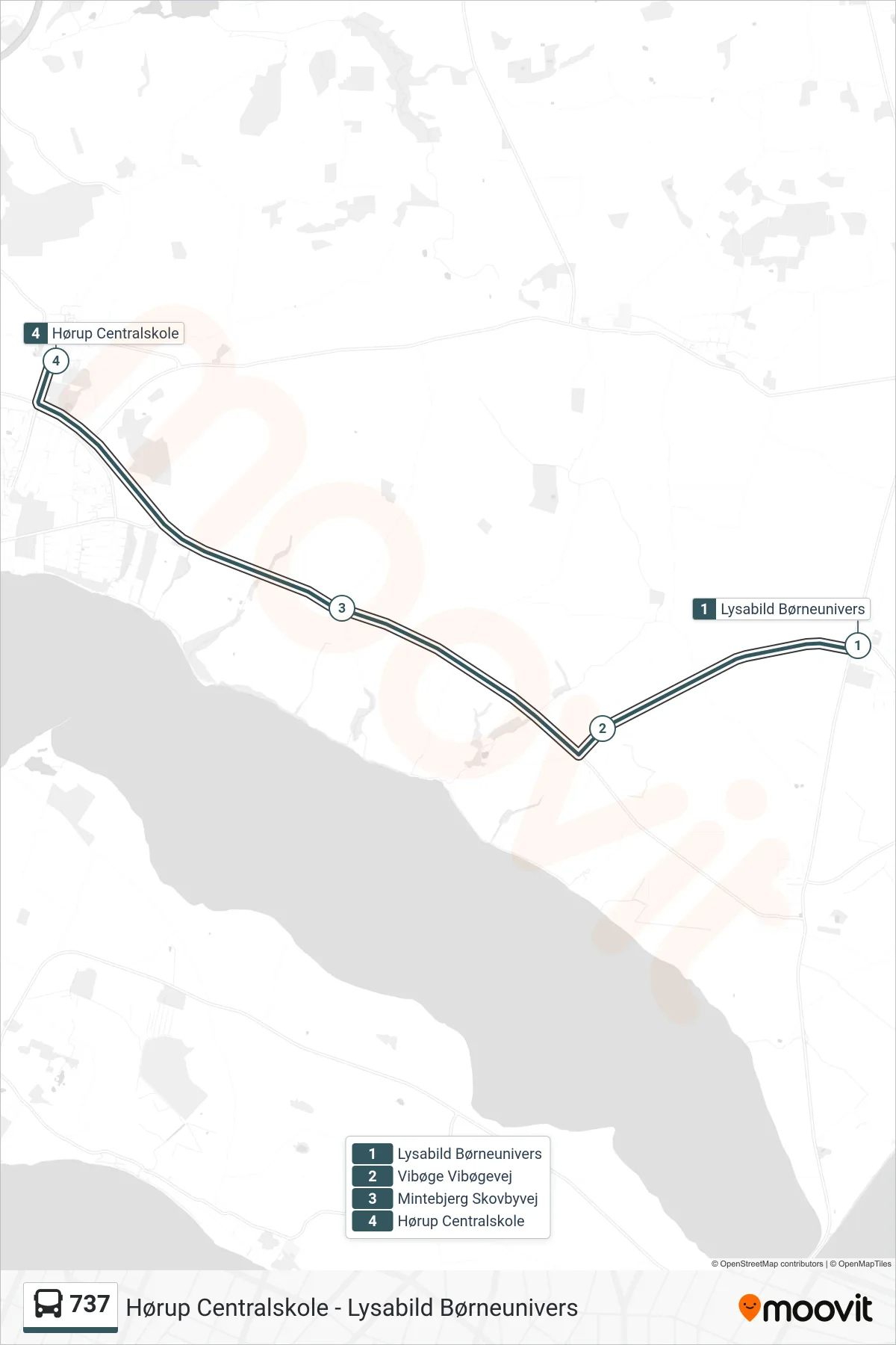 737 bus Linje (Hørup Centralskole) rute og stop på et kort