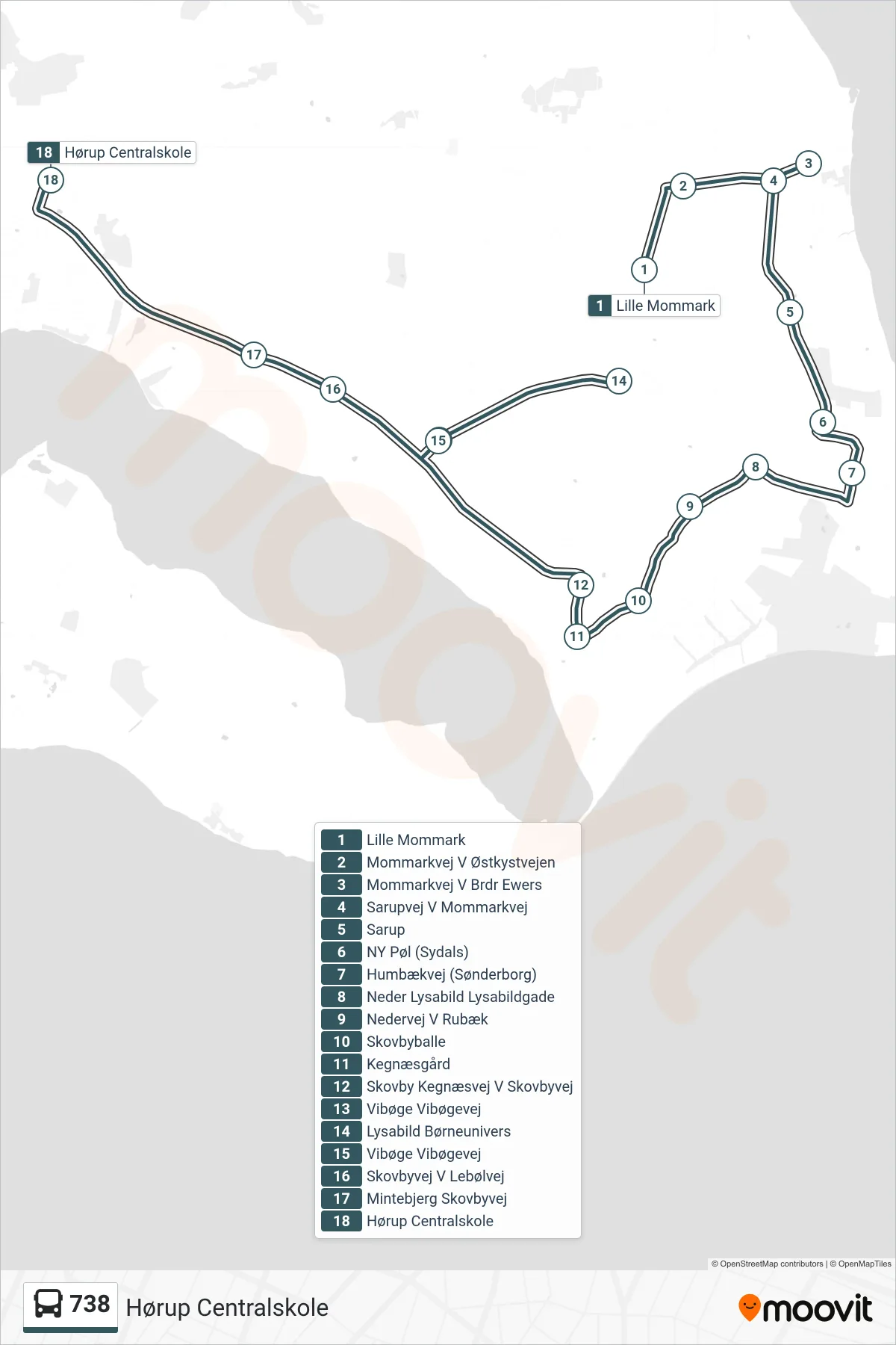 738 bus Linje (Hørup Centralskole) rute og stop på et kort