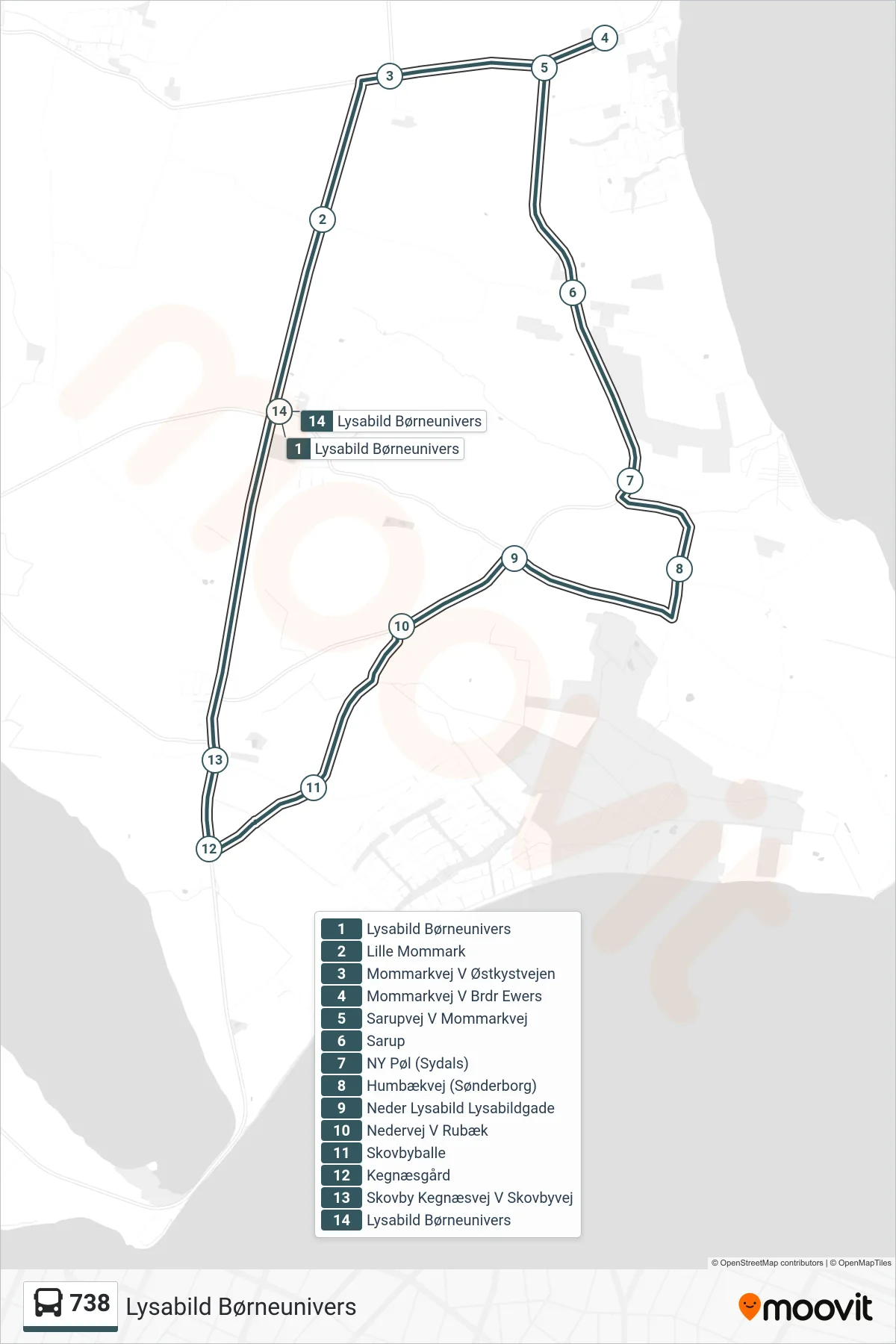 738 bus Linje (Lysabild Børneunivers) rute og stop på et kort