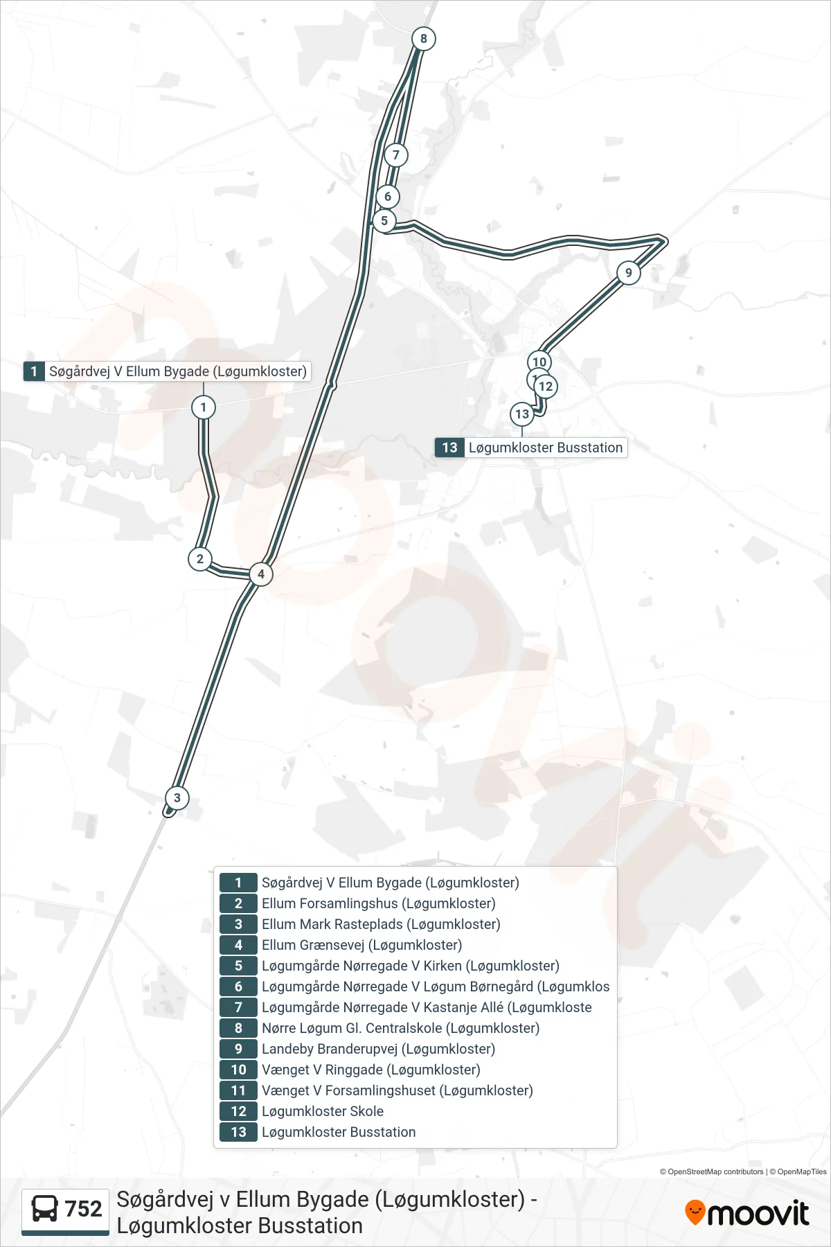 752 bus Linje (Løgumkloster Busstation) rute og stop på et kort