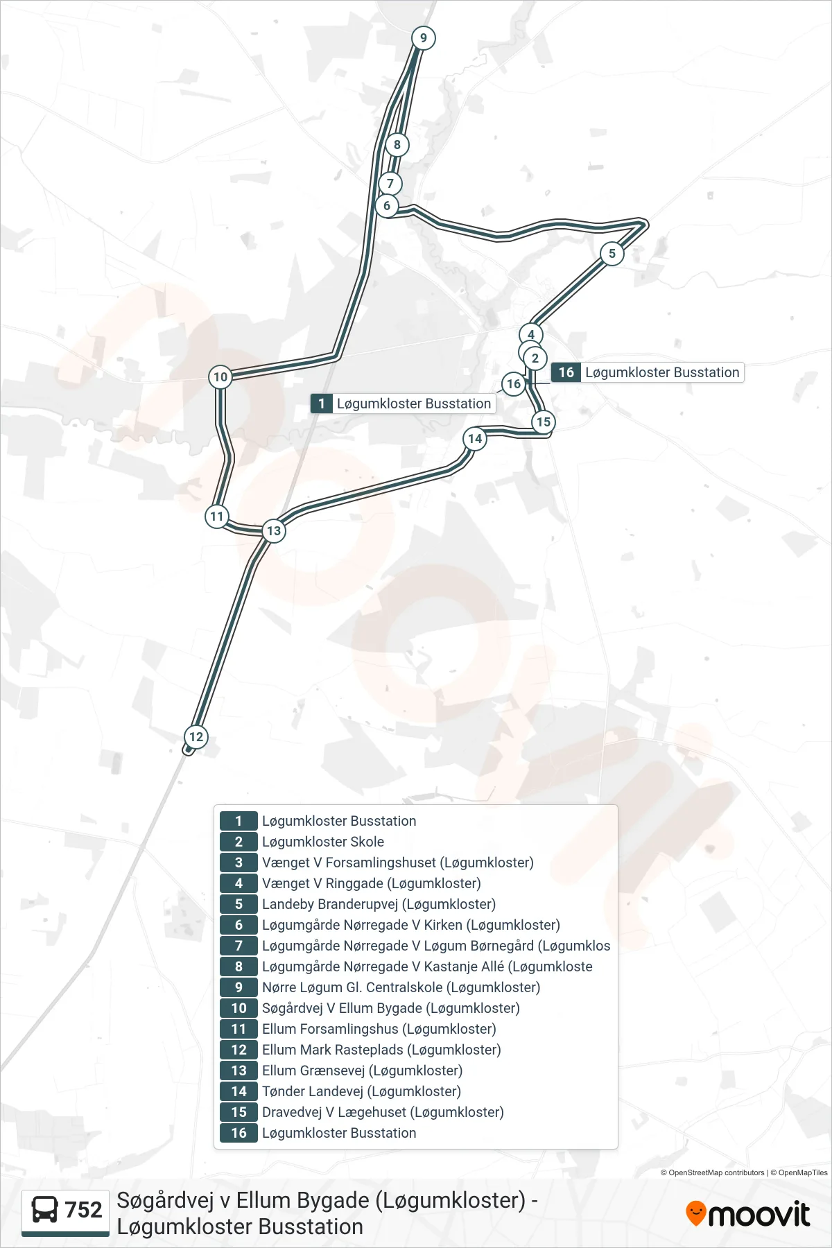 752 bus Linje (Løgumkloster Busstation) rute og stop på et kort
