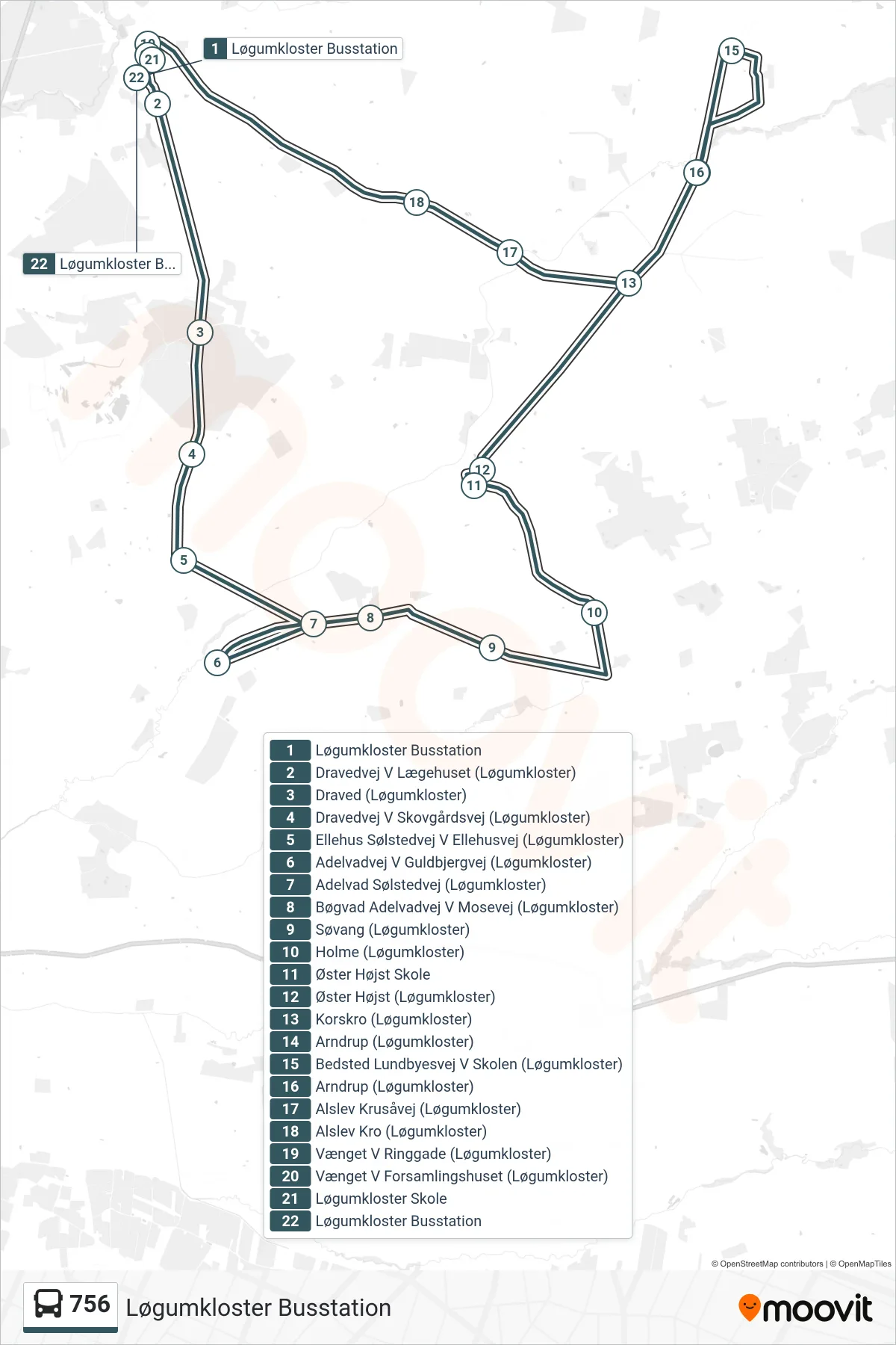 756 bus Linje (Løgumkloster Busstation) rute og stop på et kort