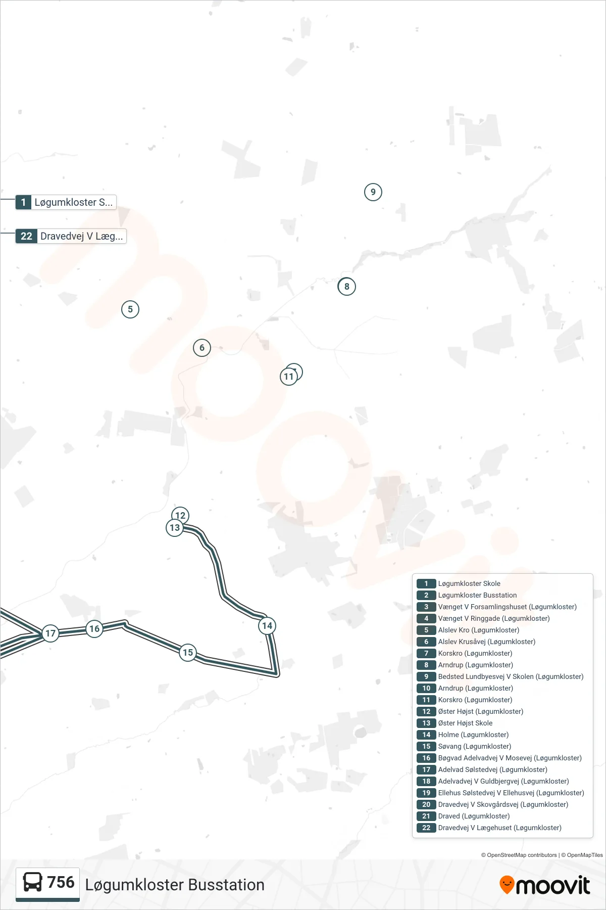 756 bus Linje (Løgumkloster Busstation) rute og stop på et kort