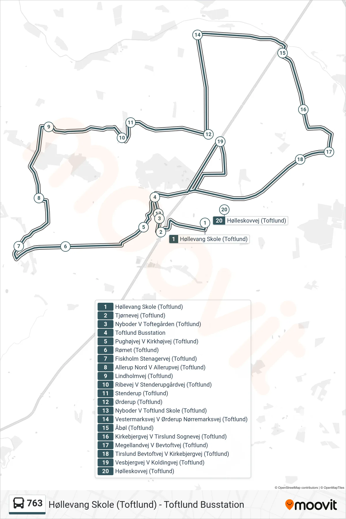 763 bus Linje (Toftlund Busstation) rute og stop på et kort
