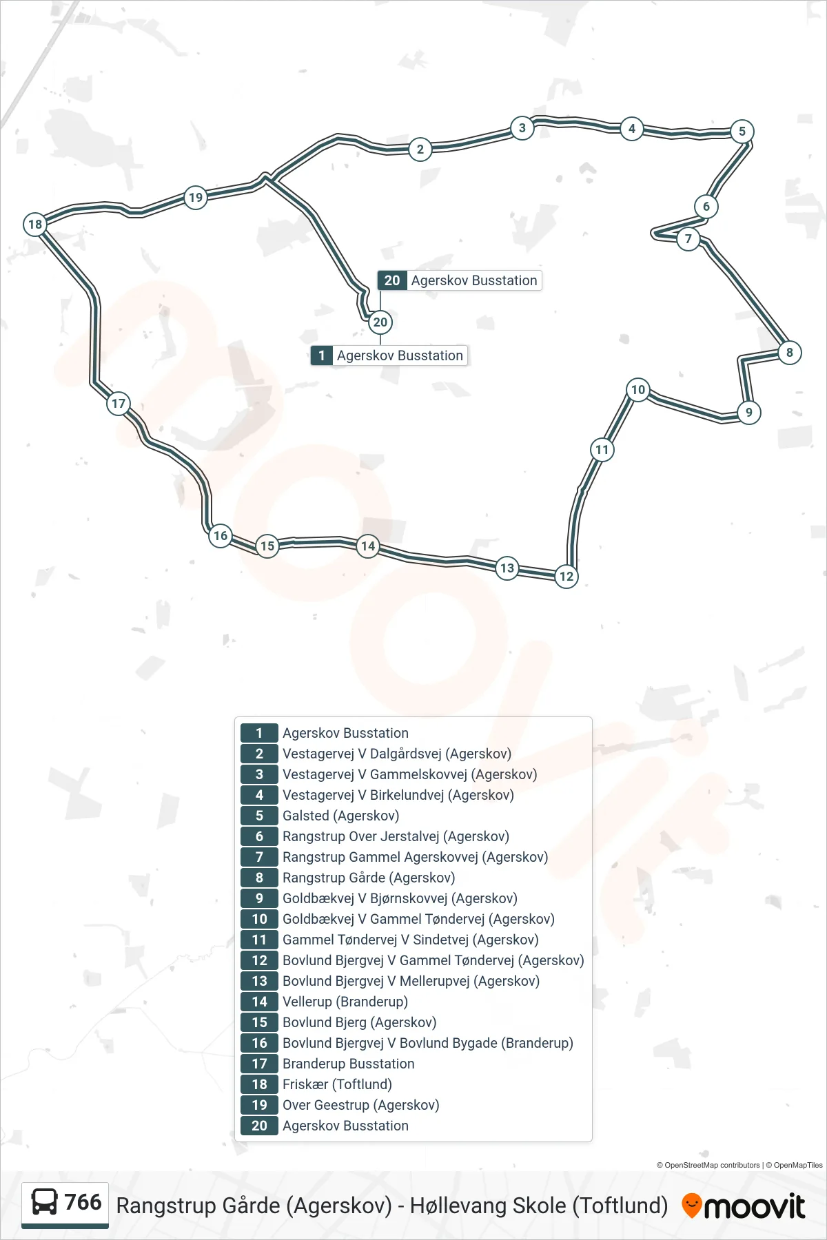 766 bus Linje (Agerskov Busstation) rute og stop på et kort