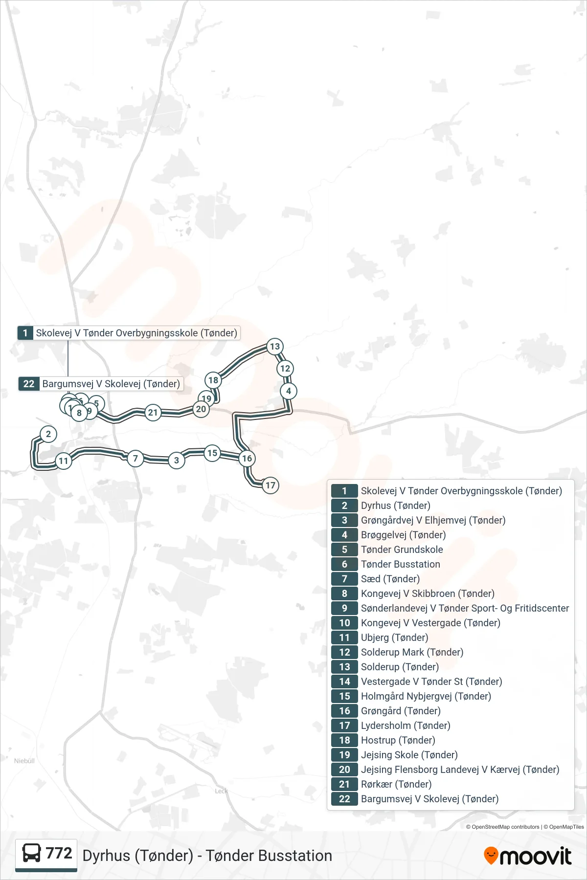 772 bus Linje (Tønder Busstation) rute og stop på et kort