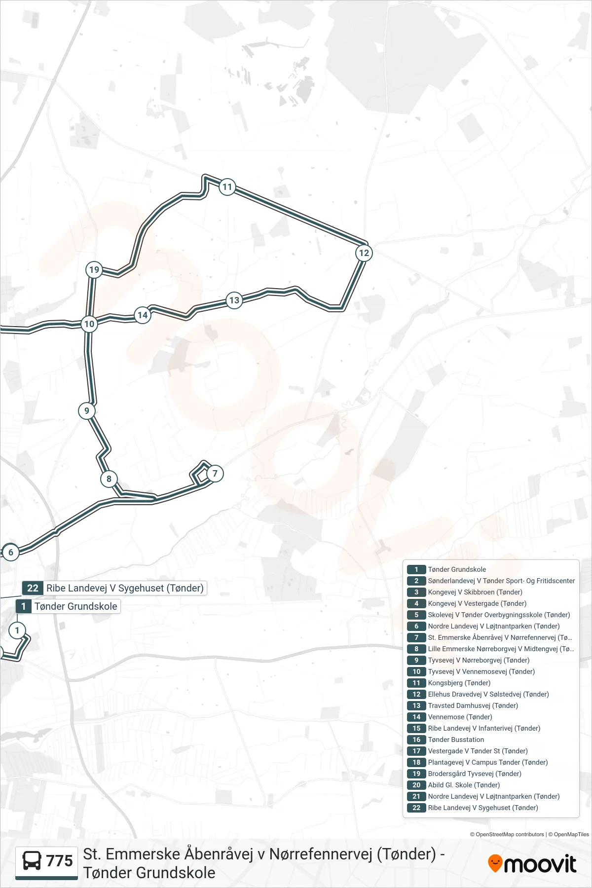 775 bus Linje (Tønder Busstation) rute og stop på et kort