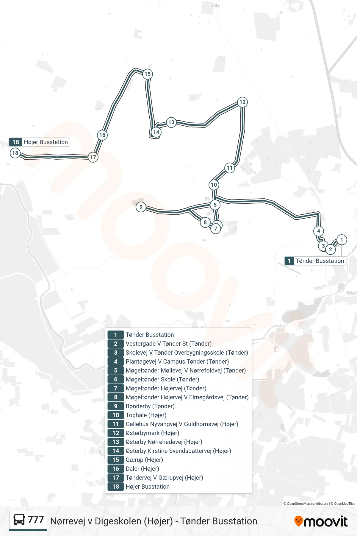 777 bus Linje (Højer Busstation) rute og stop på et kort