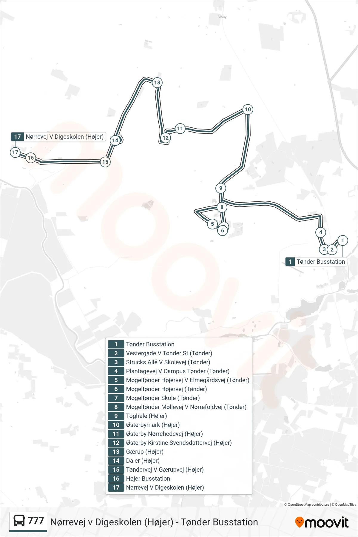 777 bus Linje (Nørrevej V Digeskolen (Højer)) rute og stop på et kort