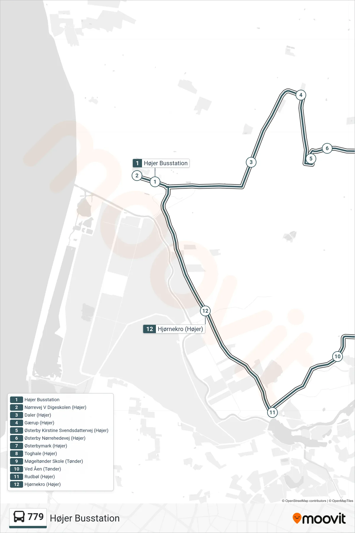 779 bus Linje (Højer Busstation) rute og stop på et kort