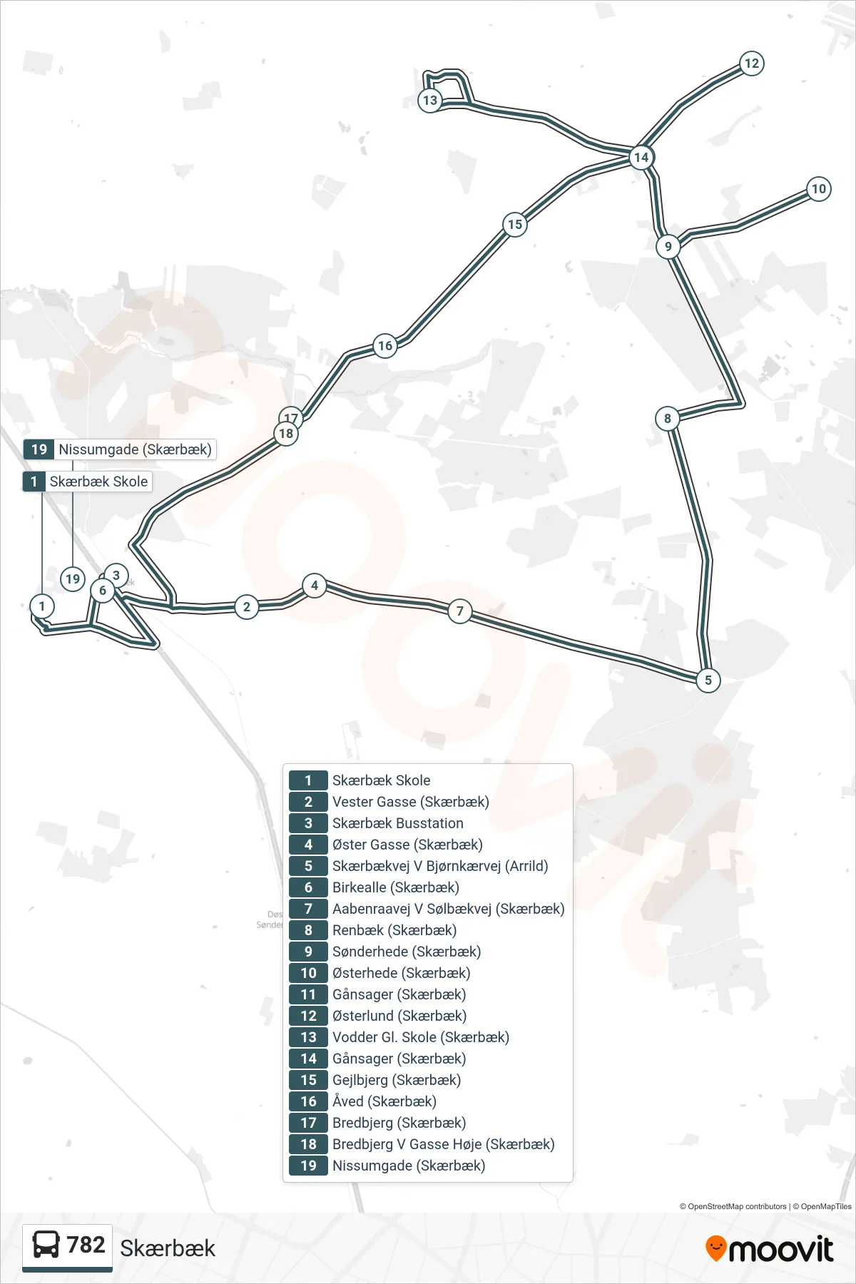 782 bus Linje (Skærbæk) rute og stop på et kort